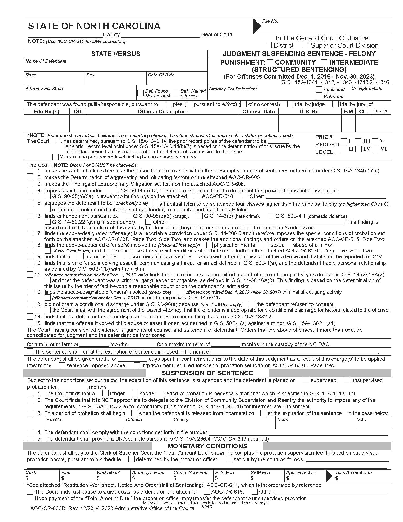 Judgment Suspending Sentence Felony (On Or After 12-1-16) {CR-603D} | Pdf Fpdf Docx | North Carolina