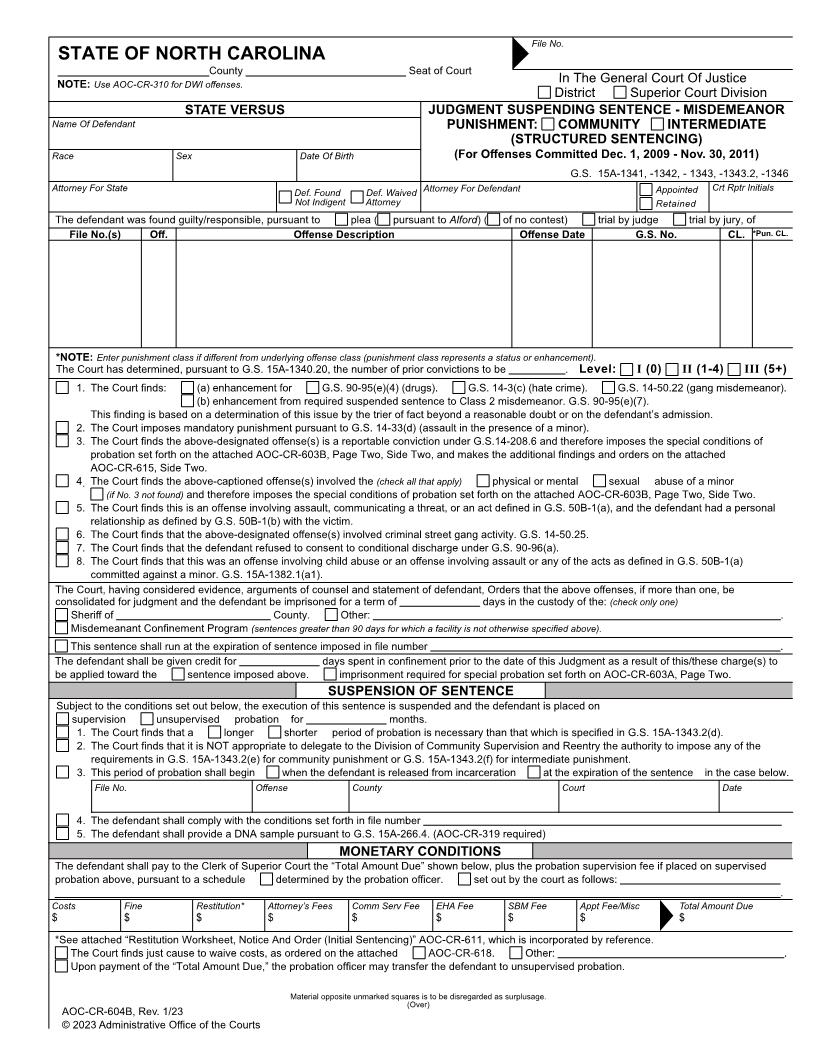 Judgment Suspending Sentence Misdemeanors (12-1-09 To 11-30-11) {CR-604B} | Pdf Fpdf Docx | North Carolina