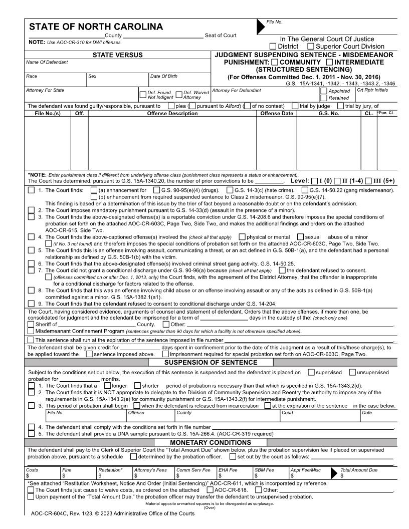 Judgment Suspending Sentence Misdemeanors (12-1-11 To 11-30-16) {CR-604C} | Pdf Fpdf Docx | North Carolina