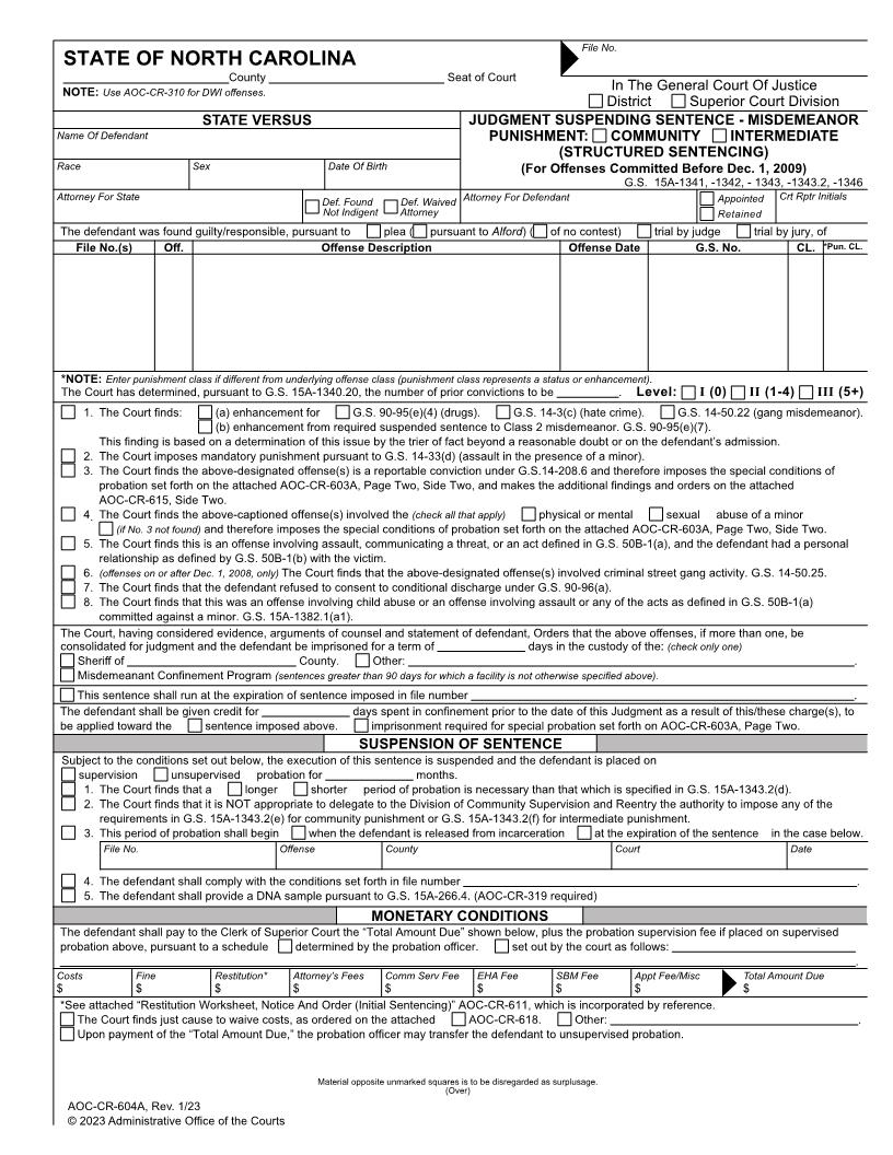 Judgment Suspending Sentence Misdemeanors (Before 12-1-09) {CR-604A} | Pdf Fpdf Docx | North Carolina