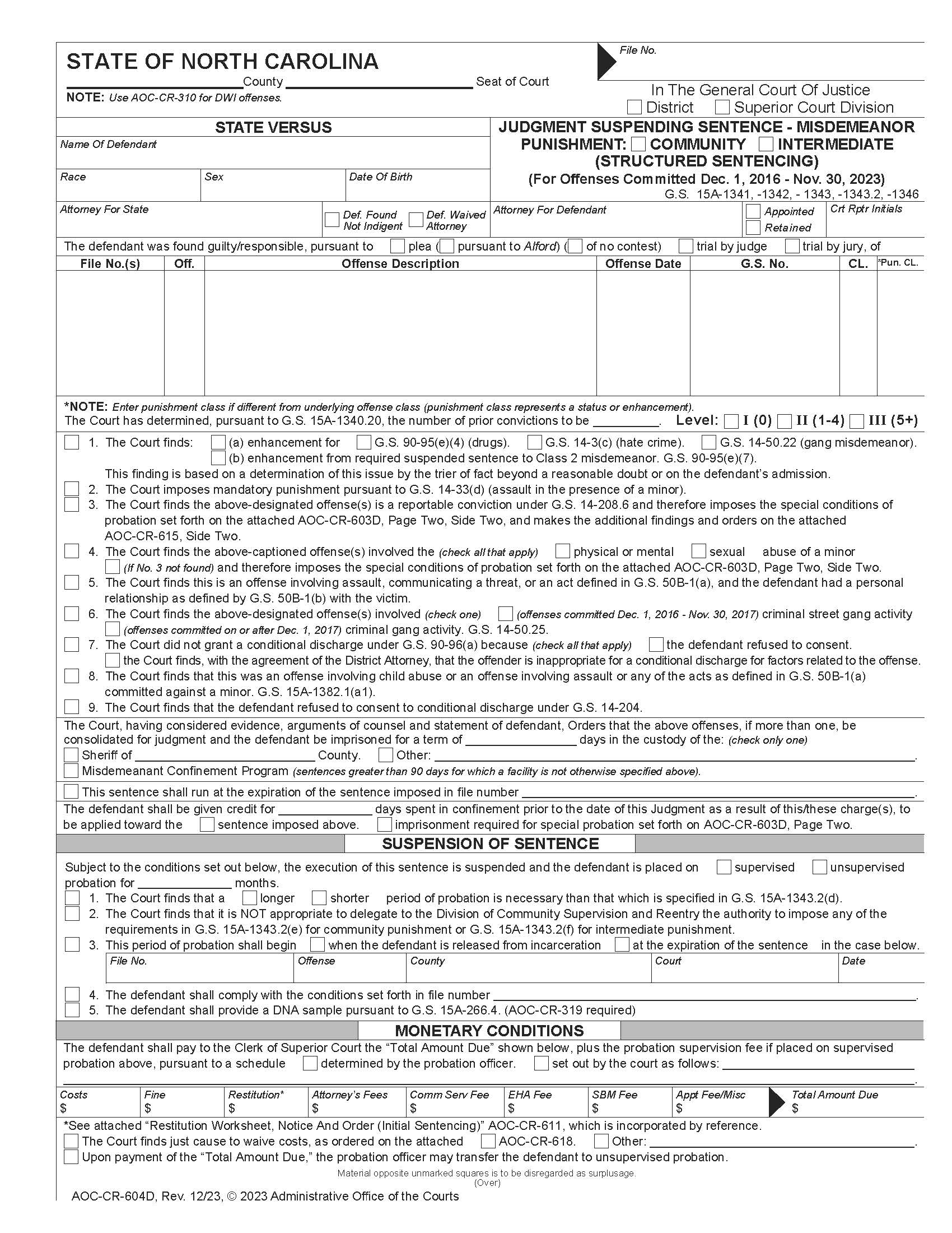 Judgment Suspending Sentence Misdemeanors (On Or After 12-1-16) {CR-604D} | Pdf Fpdf Docx | North Carolina