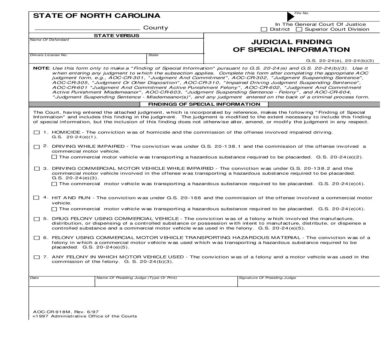 Judicial Finding Of Special Information {CR-918M} | Pdf Fpdf Doc Docx | North Carolina