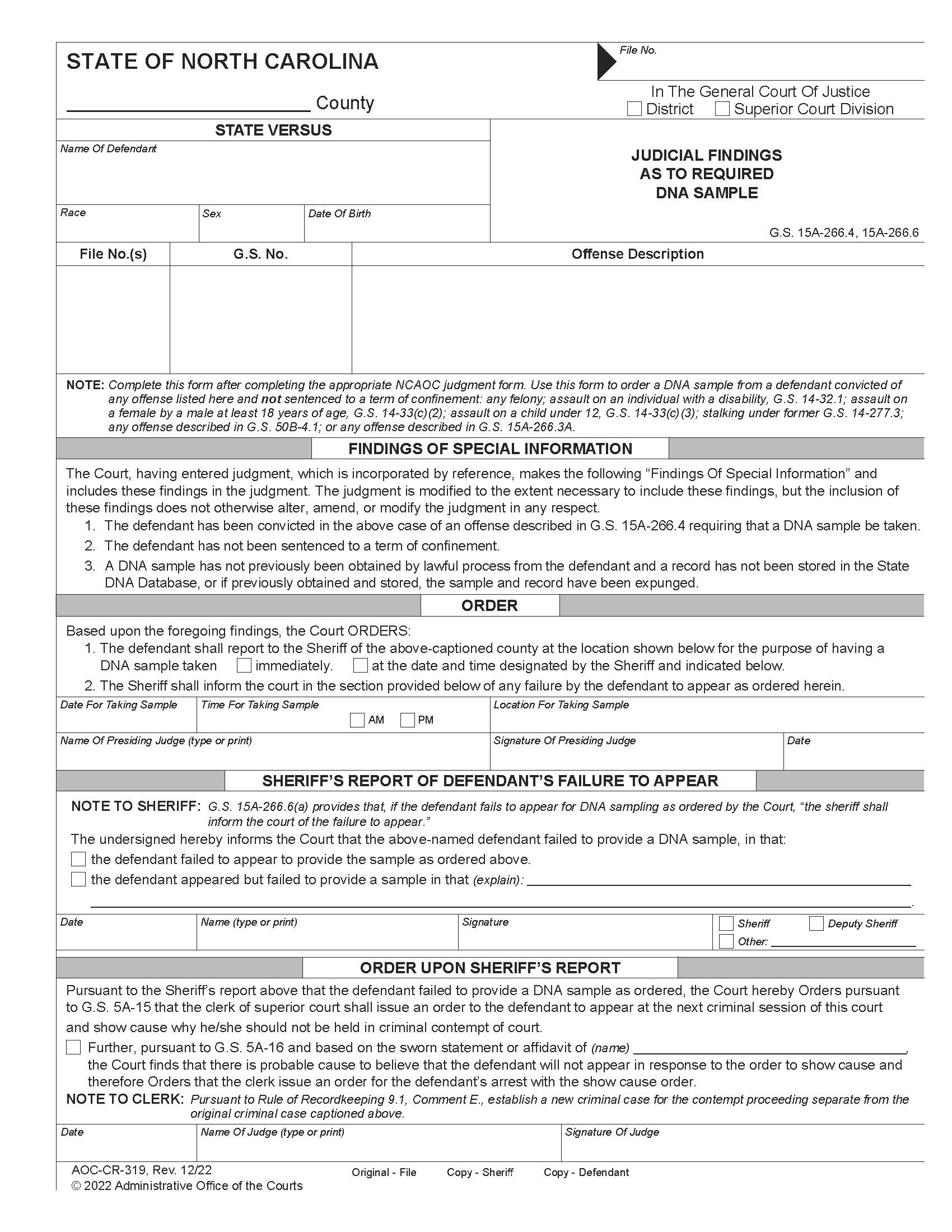 Judicial Findings As To Required DNA Sample {CR-319} | Pdf Fpdf Docx | North Carolina