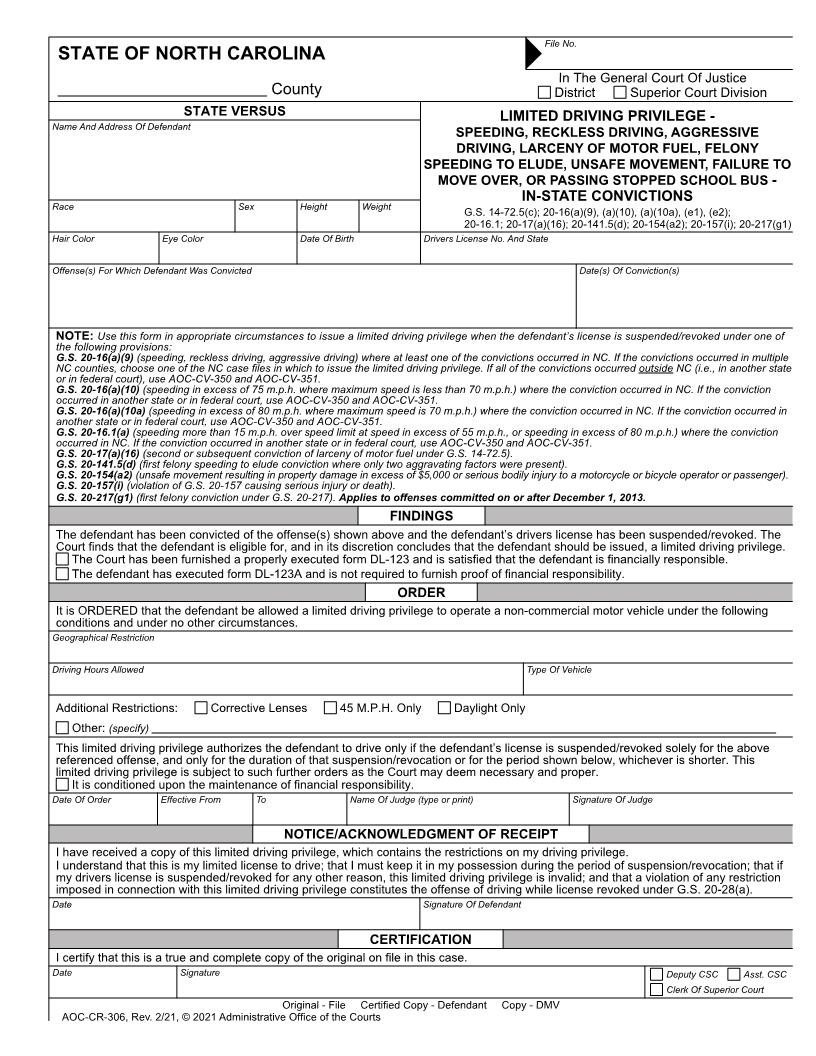 Limited Driving Privilege Speeding (in county convictions) {CR-306} | Pdf Fpdf Docx | North Carolina