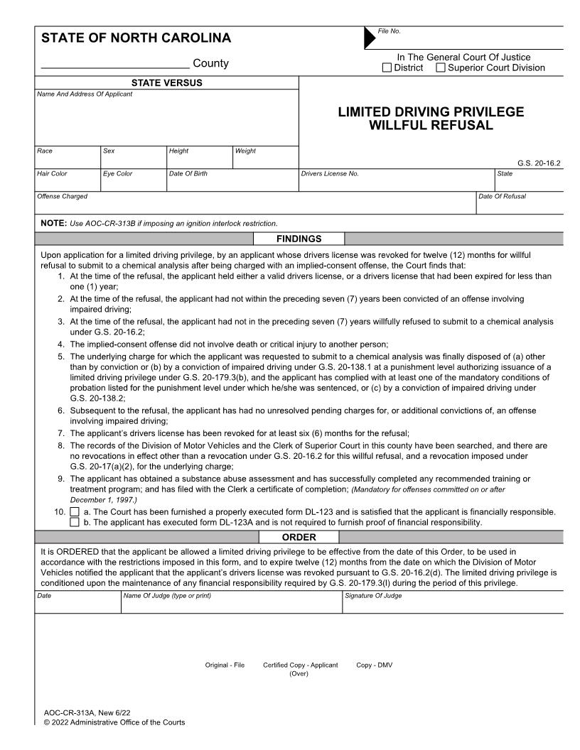 Limited Driving Privilege Willful Refusal {CR-313} | Pdf Fpdf Doc Docx | North Carolina