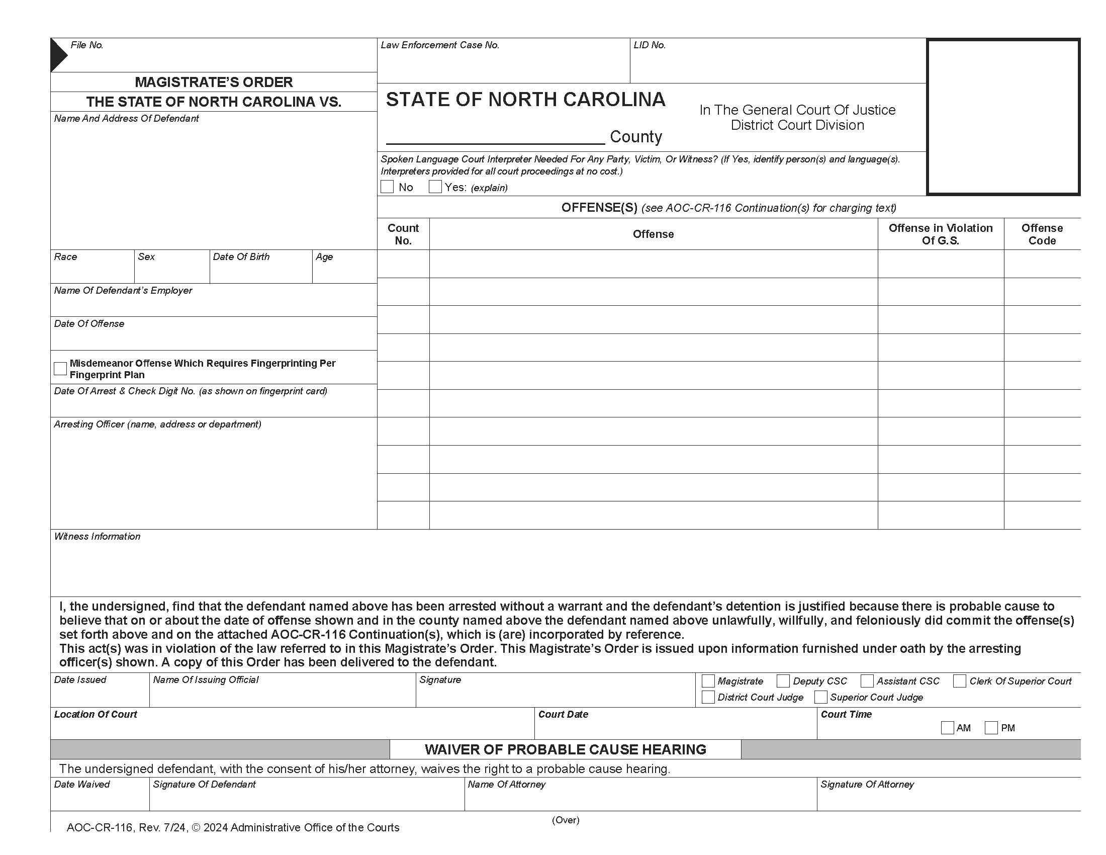 Magistrates Order {CR-116} | Pdf Fpdf Doc Docx | North Carolina