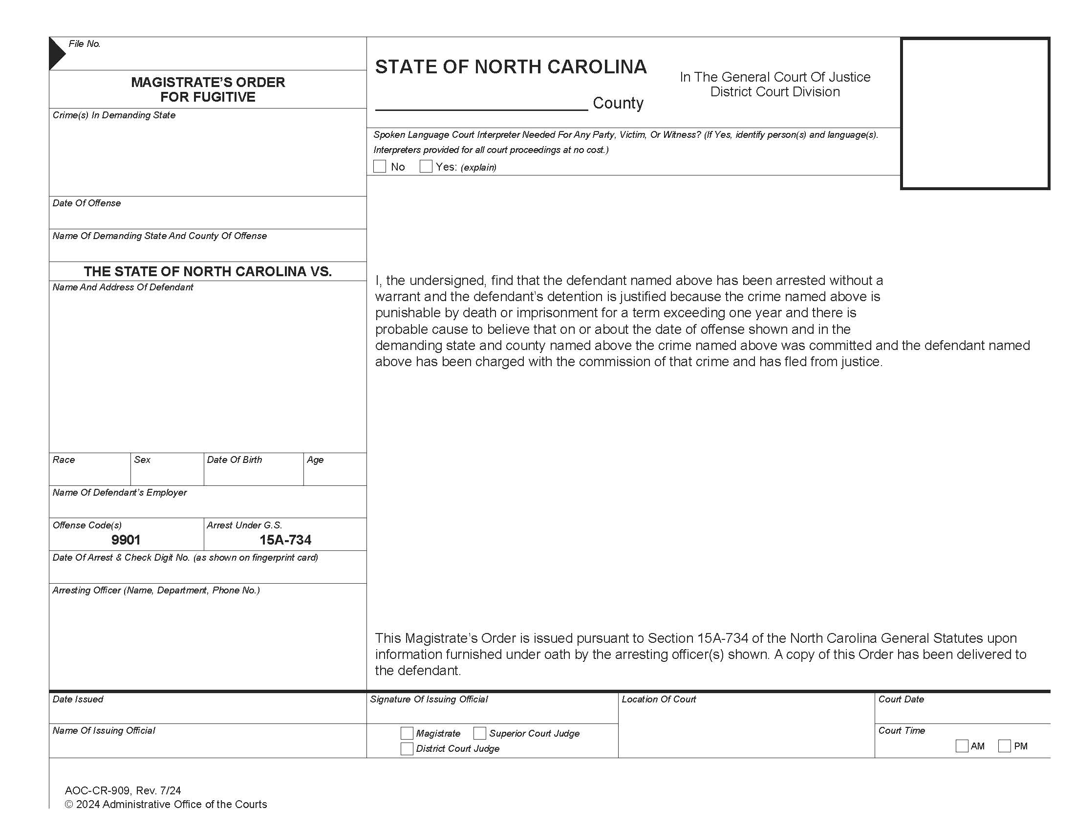 Magistrates Order For Fugitive {CR-909M} | Pdf Fpdf Doc Docx | North Carolina