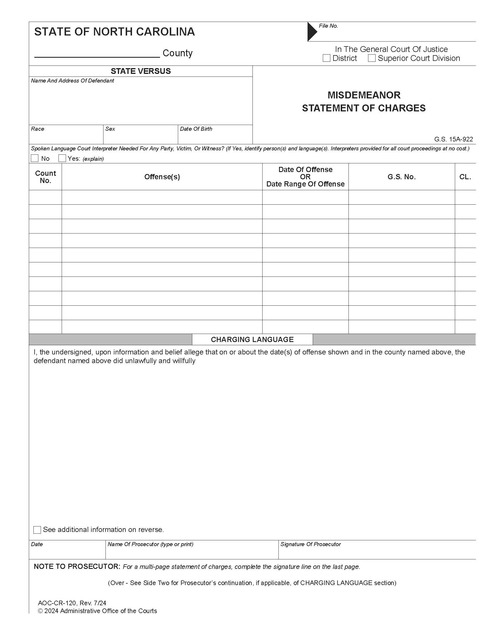Misdemeanor Statement Of Charges {CR-120} | Pdf Fpdf Docx | North Carolina