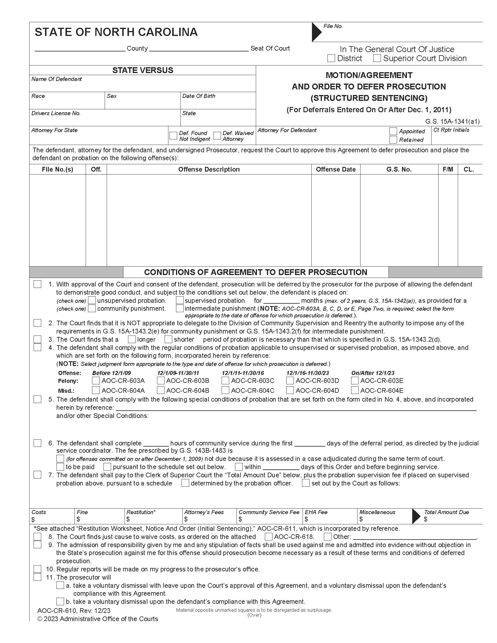 Motion Agreement And Order To Defer Prosecution (After Dec. 1, 2011) {CR-610} | Pdf Fpdf Docx | North Carolina