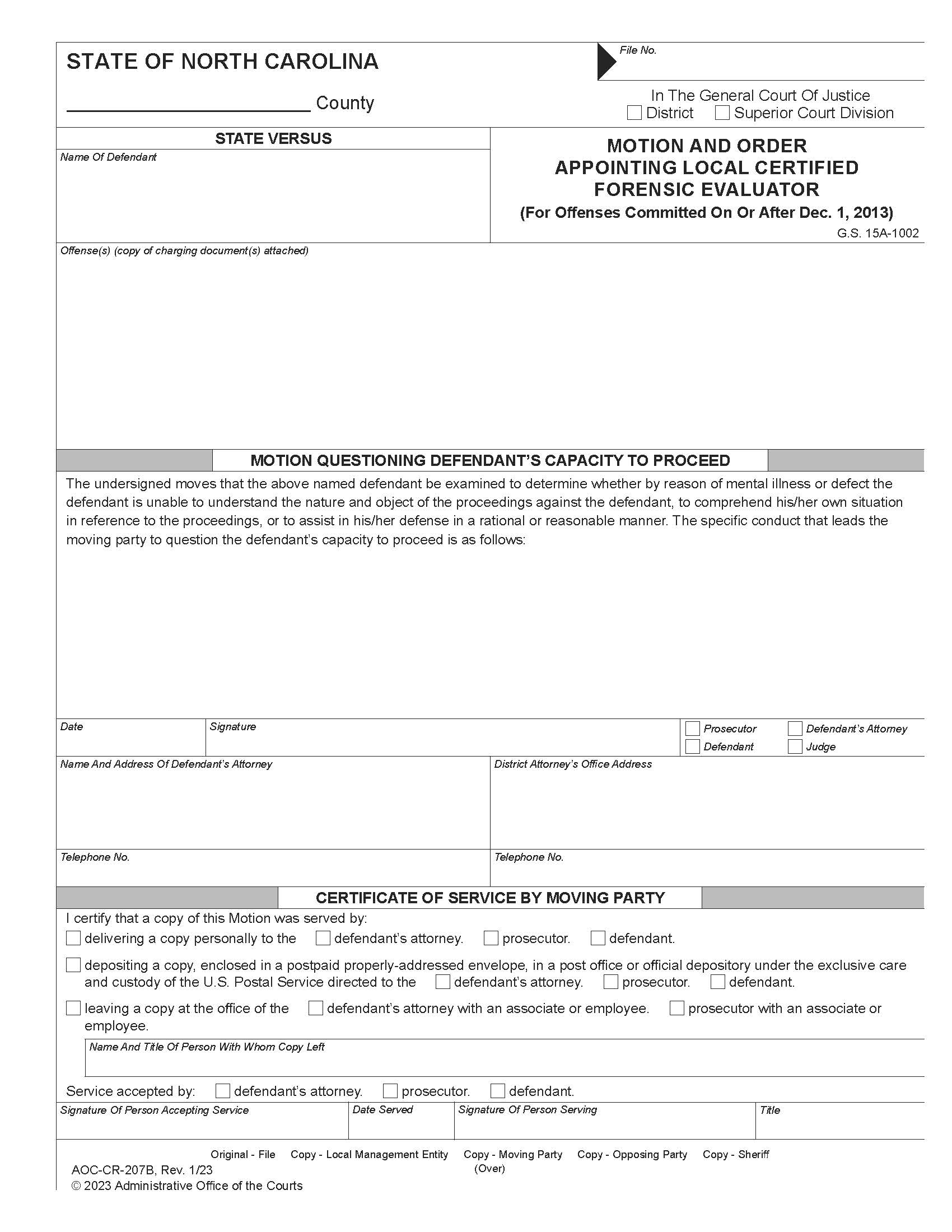 Motion And Order Appointing Local Certified Foresnsic Evaluator {On Or After 12-1-13) {CR-207B} | Pdf Fpdf Docx | North Carolina
