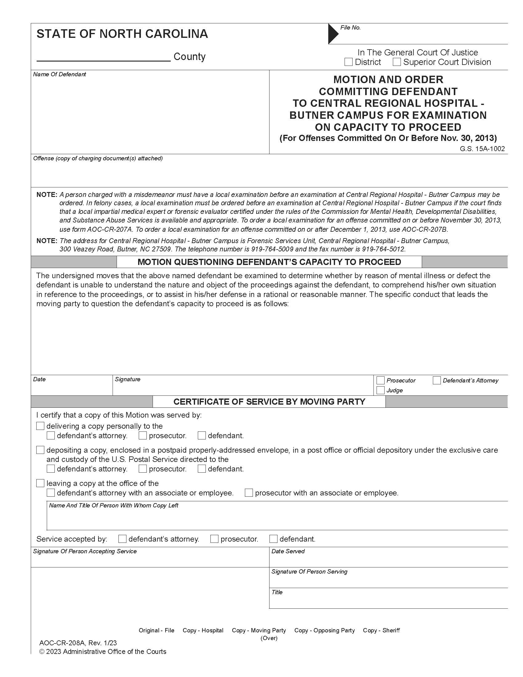 Motion And Order Committing Defendant To Central Regional Hospital Butner Campus {CR-208A} | Pdf Fpdf Doc Docx | North Carolina