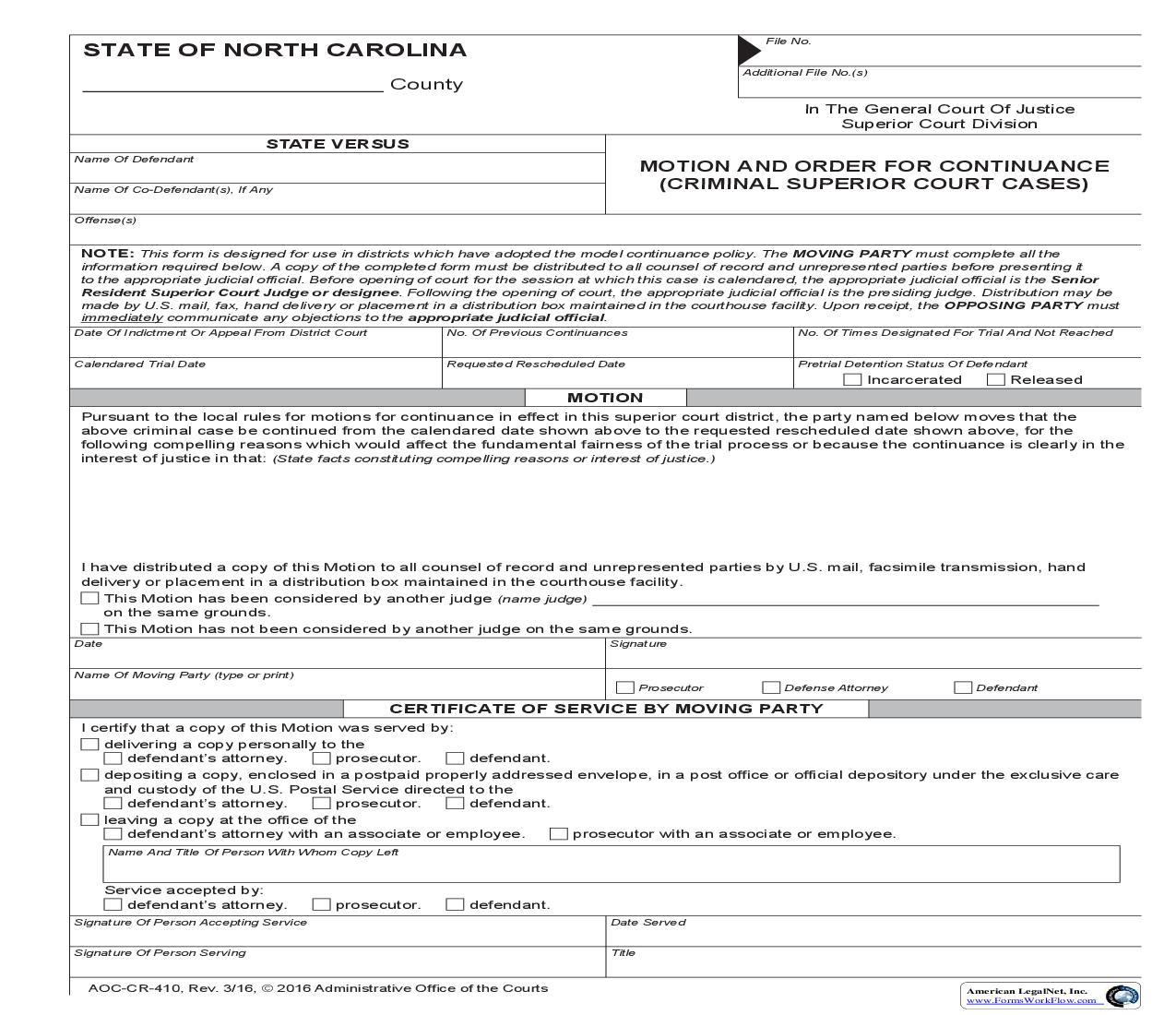 Motion And Order For Continuance {CR-410} | Pdf Fpdf Doc Docx | North Carolina