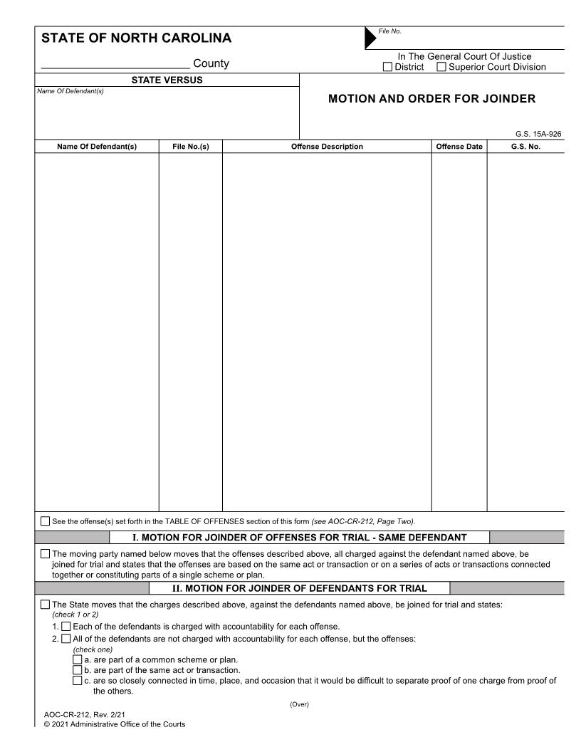 Motion And Order For Joinder {CR-212} | Pdf Fpdf Doc Docx | North Carolina