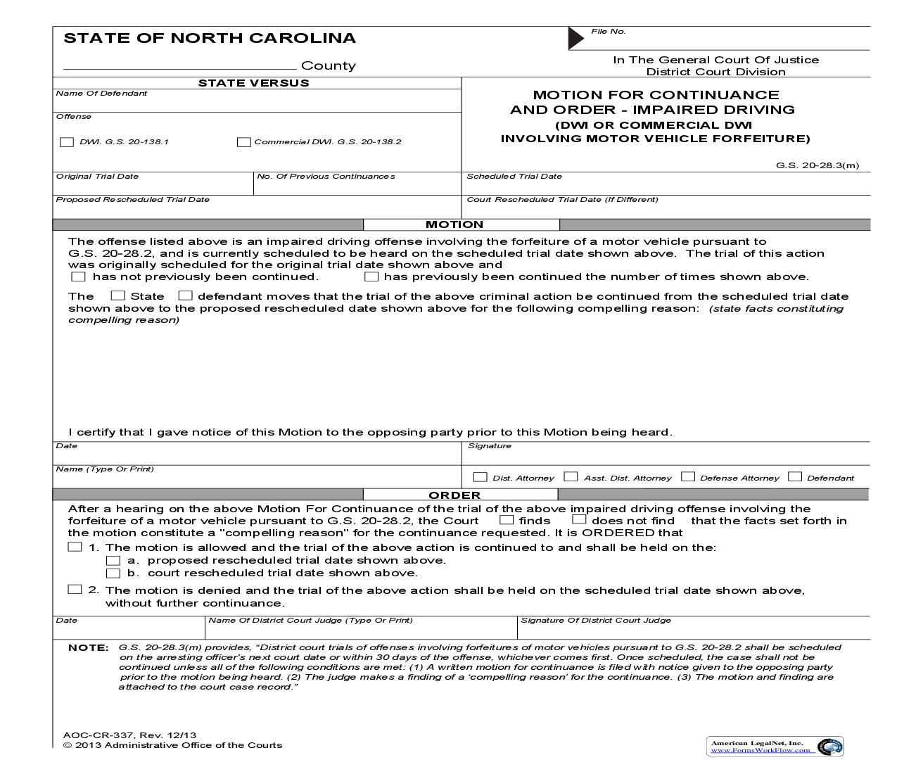 Motion For Continuance And Order DWI Or Commercial DWI Involving Motor Vehicle Forfeiture {CR-337} | Pdf Fpdf Doc Docx | North Carolina
