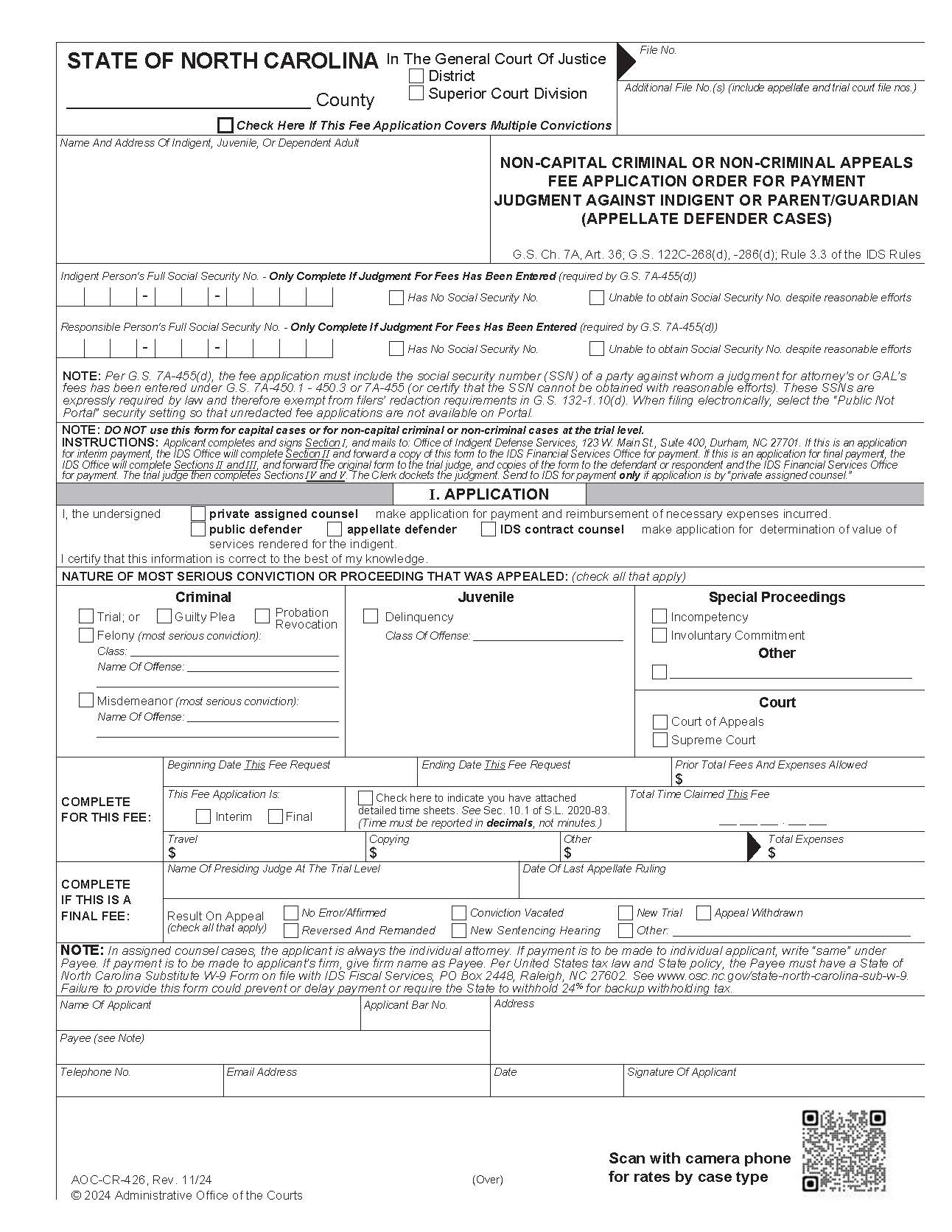 Non Capital Or Non Criminal Appeals Fee Application Order For Payment Judgment Against Indigent Or Parent Guardian {CR-426} | Pdf Fpdf Doc Docx | North Carolina