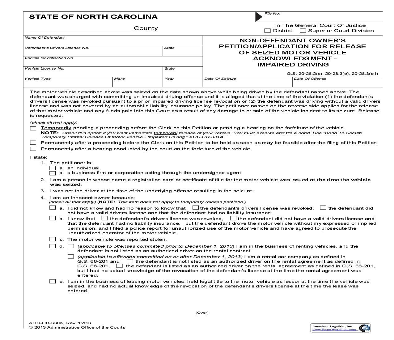 Non Defendant Owners Petition Application For Release Of Seized Motor Vehicle Acknowledgment Impaired Driving {CR-330A} | Pdf Fpdf Doc Docx | North Carolina