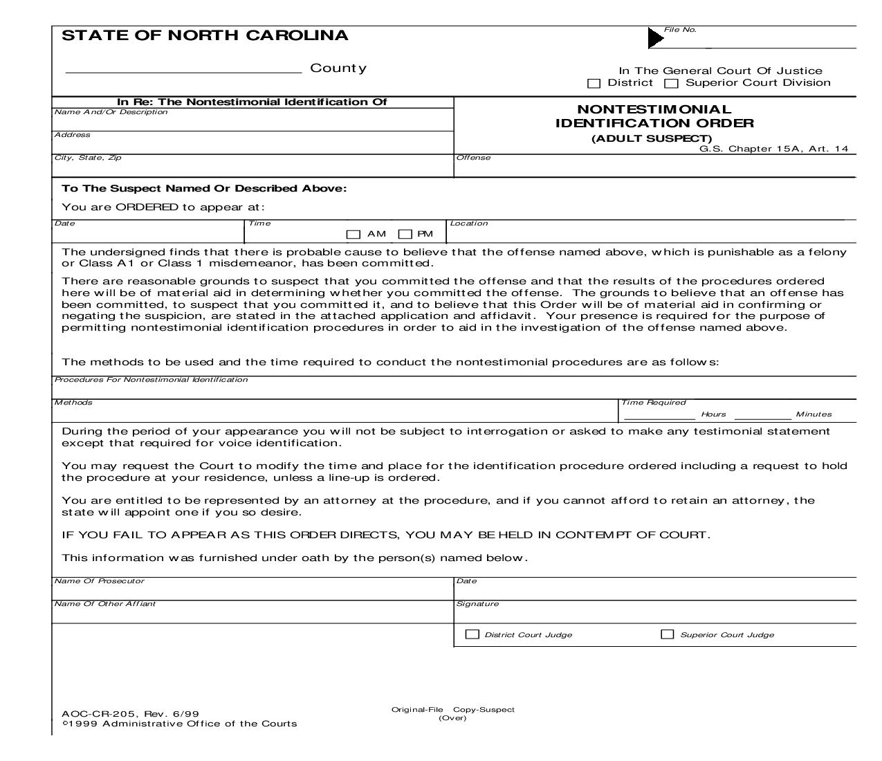 Nontestimonial Identification Order {CR-205} | Pdf Fpdf Doc Docx | North Carolina