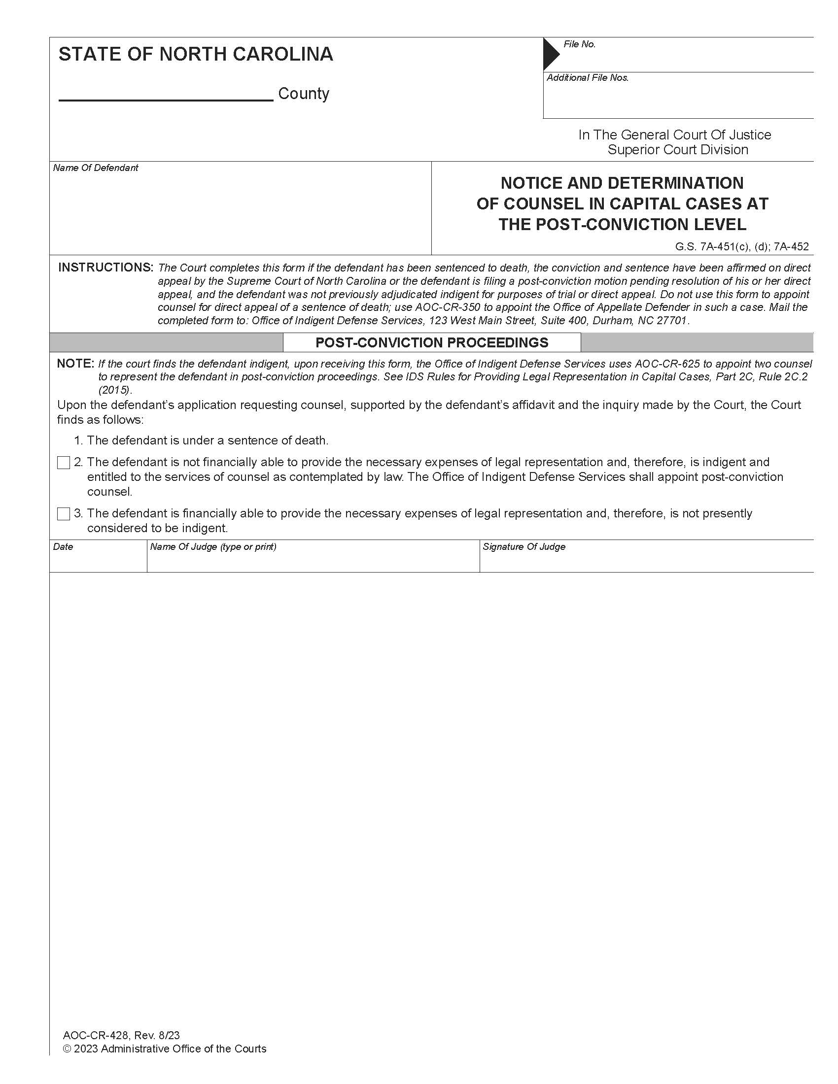 Notice And Determination Of Counsel In Capital Cases At Post Conviction Level {CR-428} | Pdf Fpdf Doc Docx | North Carolina