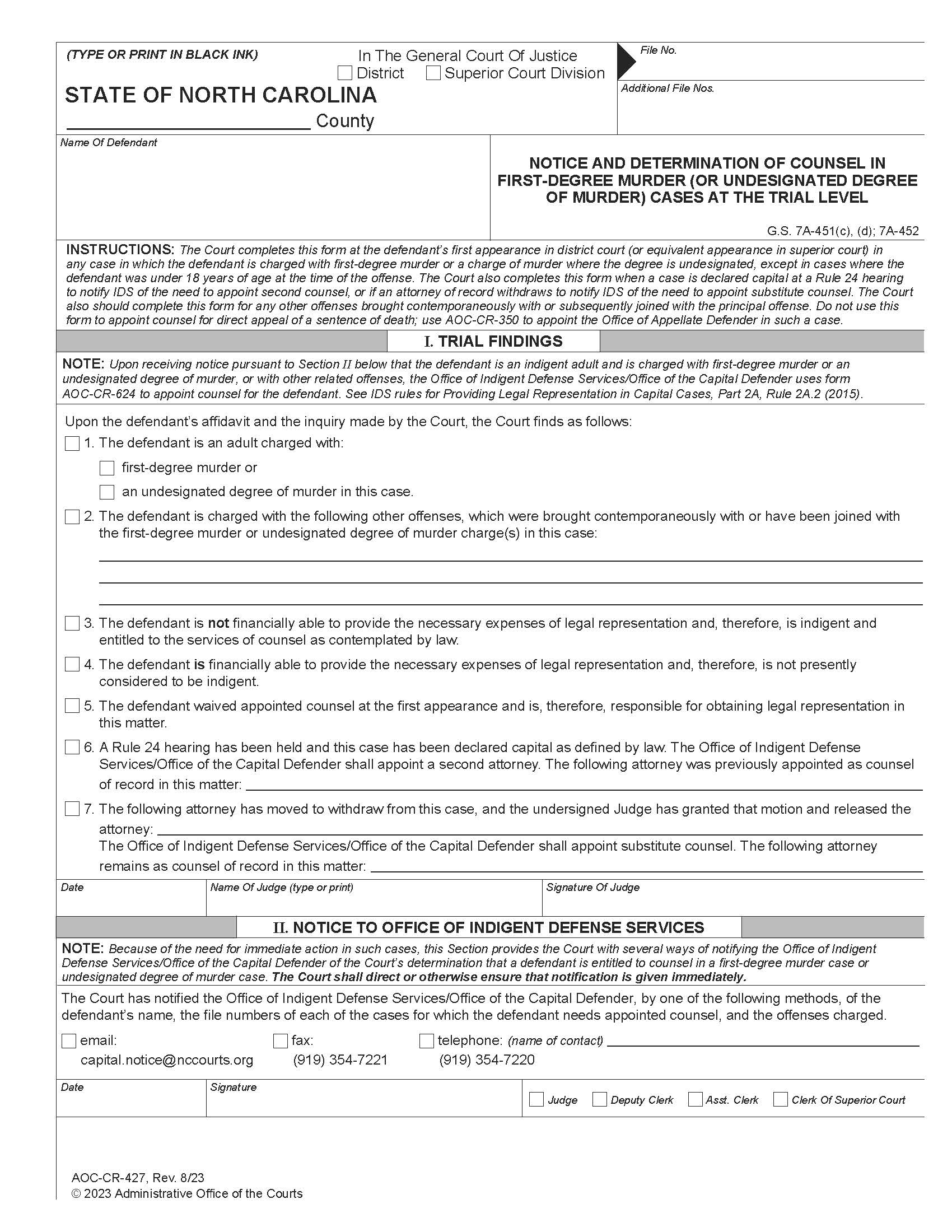 Notice And Determination Of Counsel In First Degree Murder Or Undesignated Degree Of Murder Cases At Trial Level {CR-427} | Pdf Fpdf Doc Docx | North Carolina