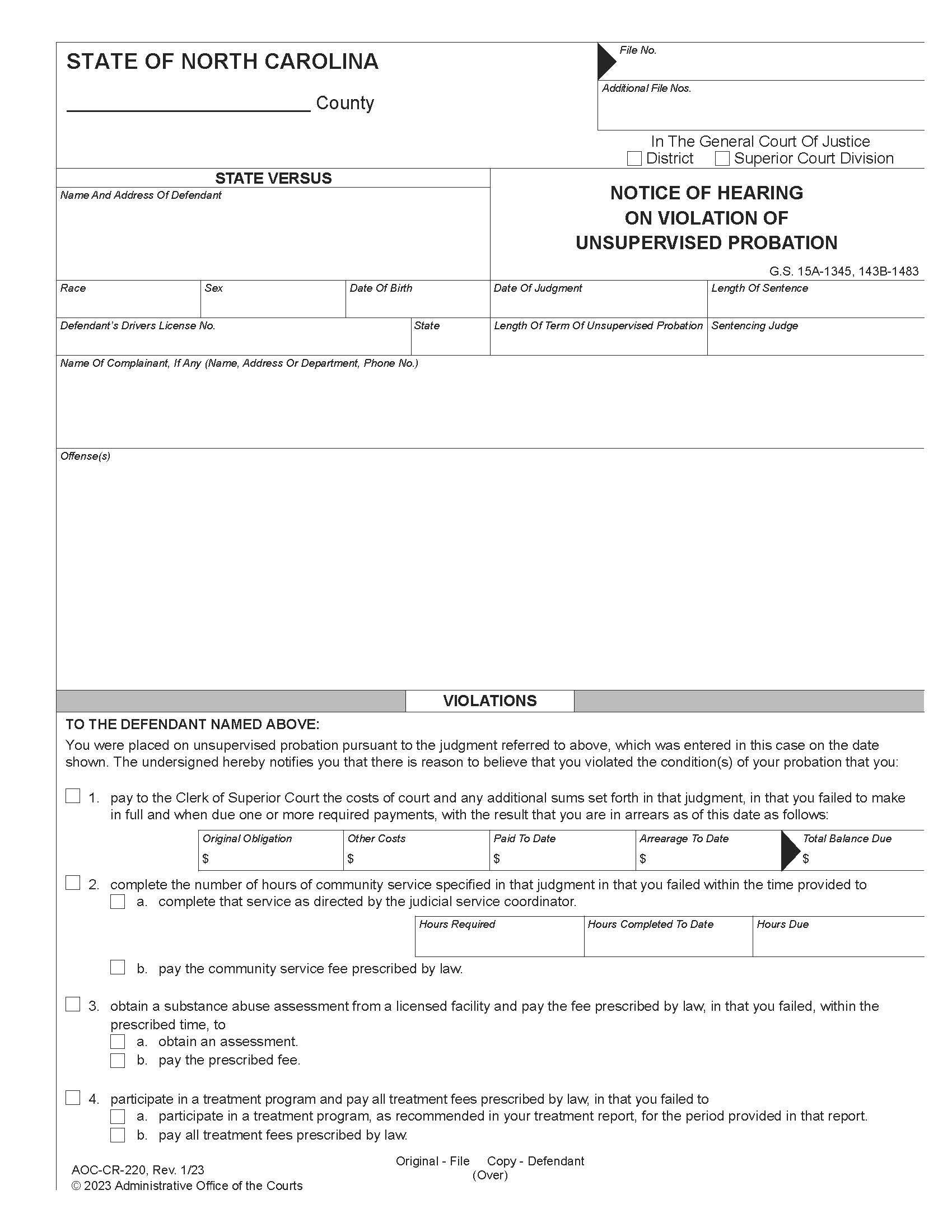 Notice Of Hearing On Violation Of Unsupervised Probation {CR-220} | Pdf Fpdf Doc Docx | North Carolina