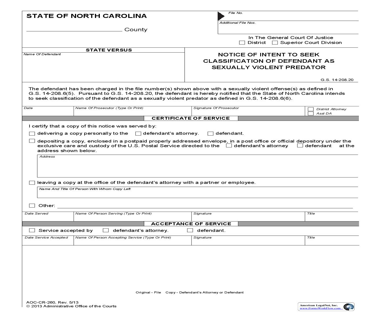 Notice Of Intent To Seek Classification Of Defendant As Sexually Violent Predator {CR-260} | Pdf Fpdf Doc Docx | North Carolina