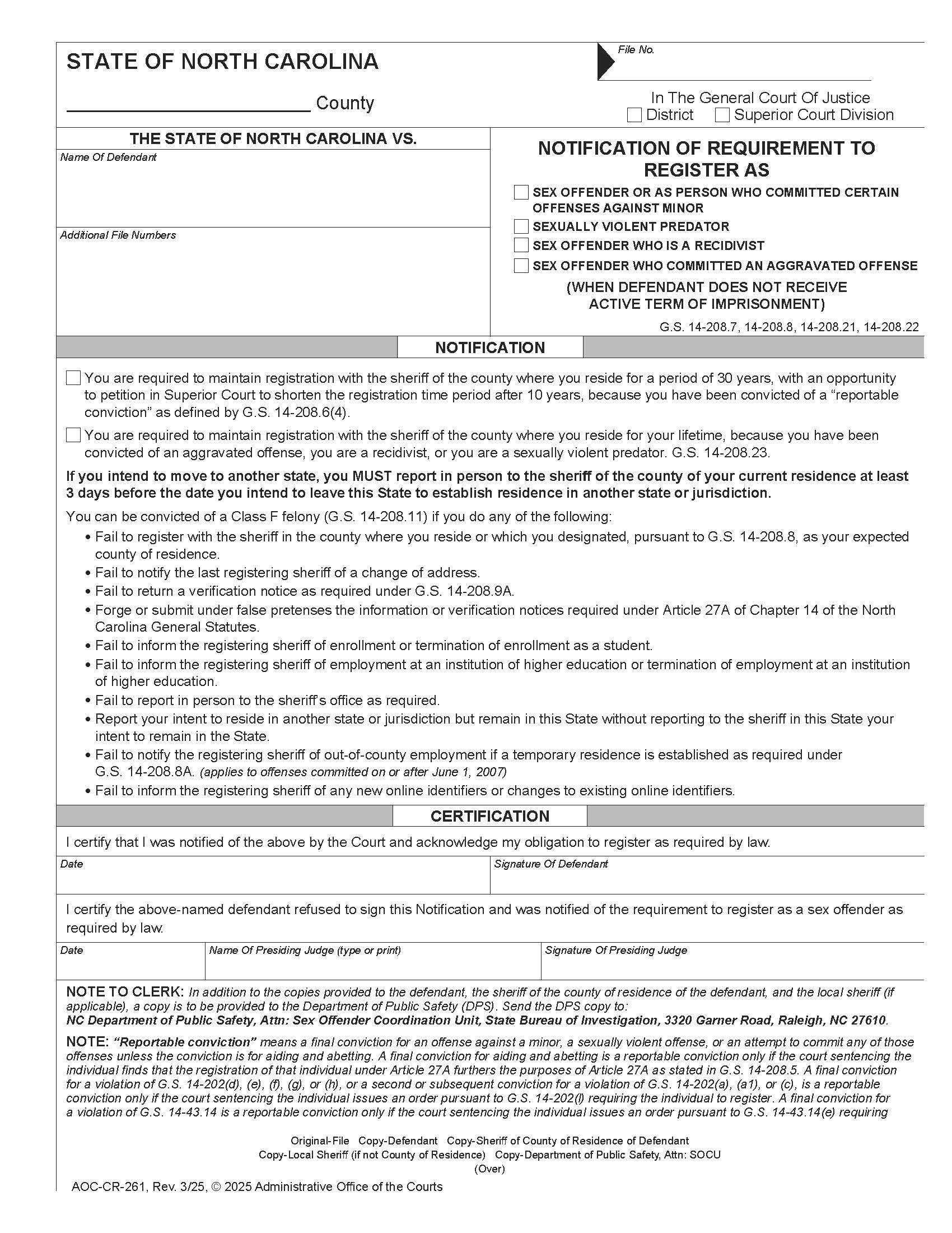 Notification Of Requirement To Register As Sex Offender {CR-261} | Pdf Fpdf Docx | North Carolina
