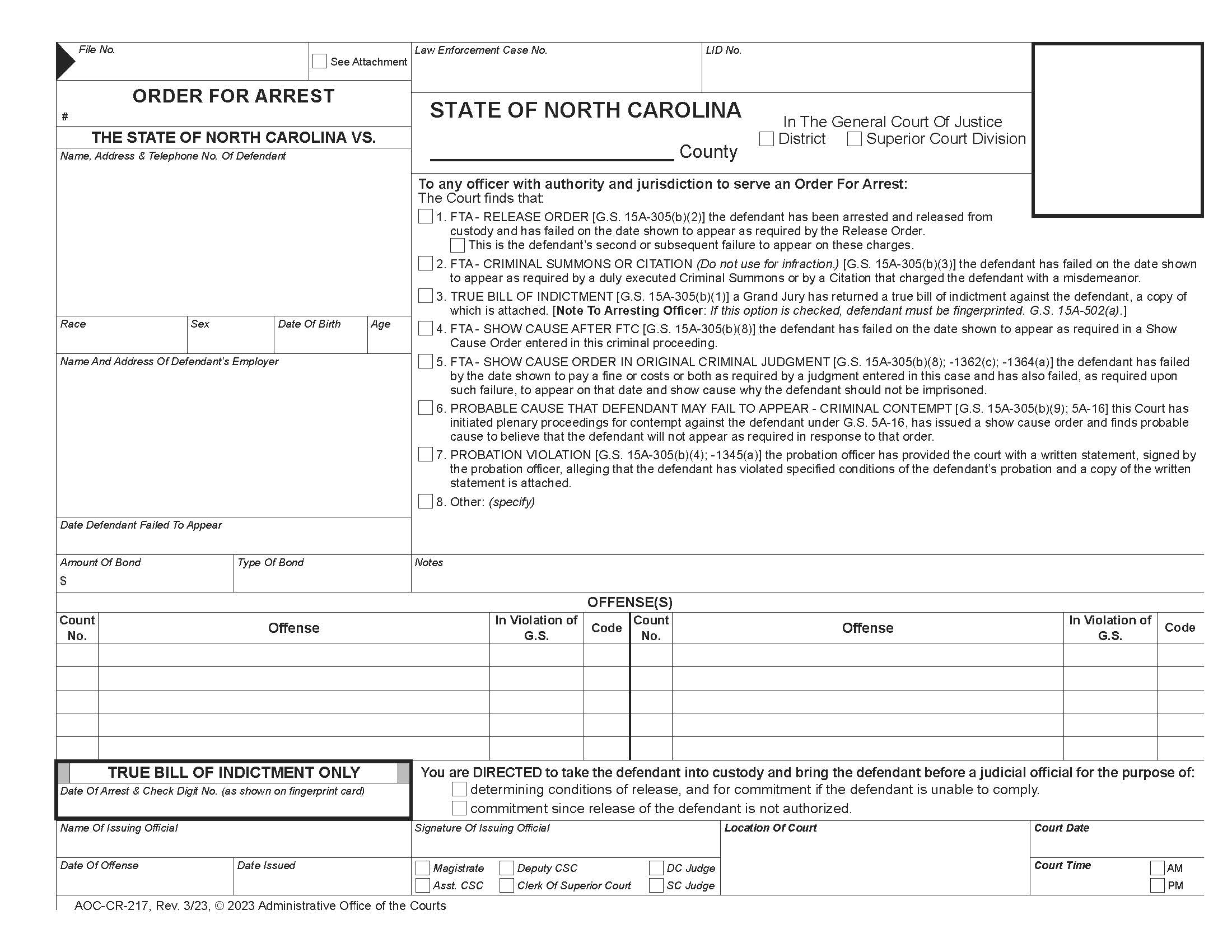 Order For Arrest {CR-217} | Pdf Fpdf Docx | North Carolina