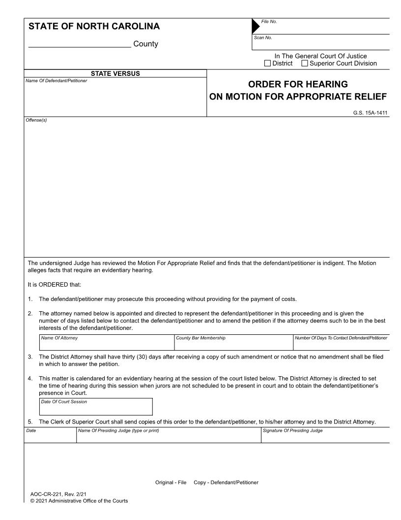 Order For Hearing On Motion For Appropriate Relief {CR-221} | Pdf Fpdf Doc Docx | North Carolina