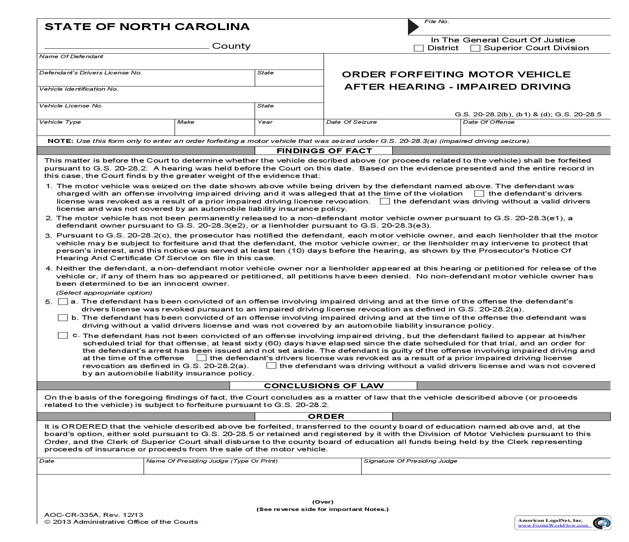Order Forfeiting Motor Vehicle After Hearing Impaired Driving {CR-335A} | Pdf Fpdf Doc Docx | North Carolina