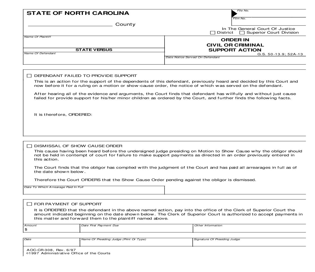 Order In Civil Or Criminal Support Action {CR-308} | Pdf Fpdf Doc Docx | North Carolina