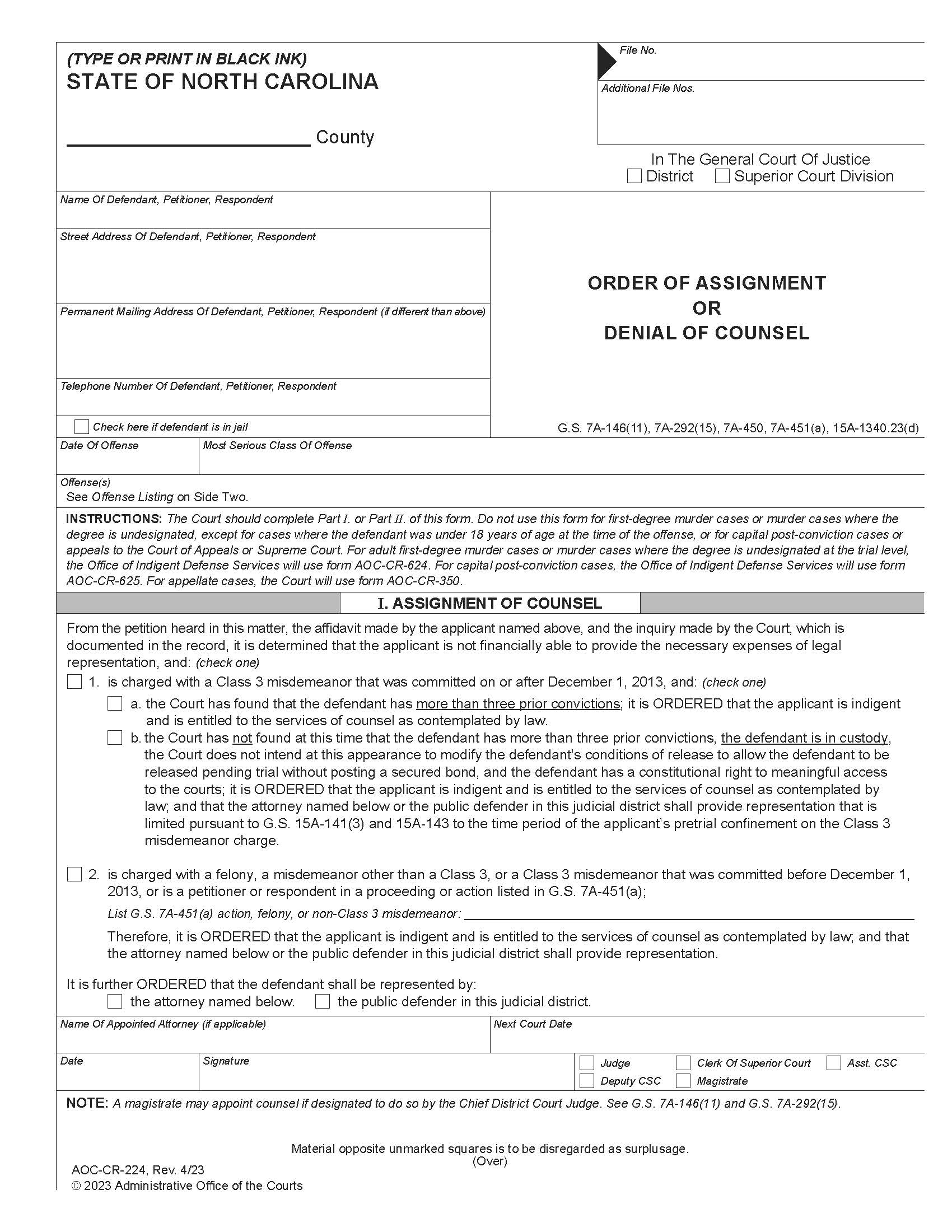 Order Of Assigment Or Denial Of Counsel {CR-224} | Pdf Fpdf Doc Docx | North Carolina
