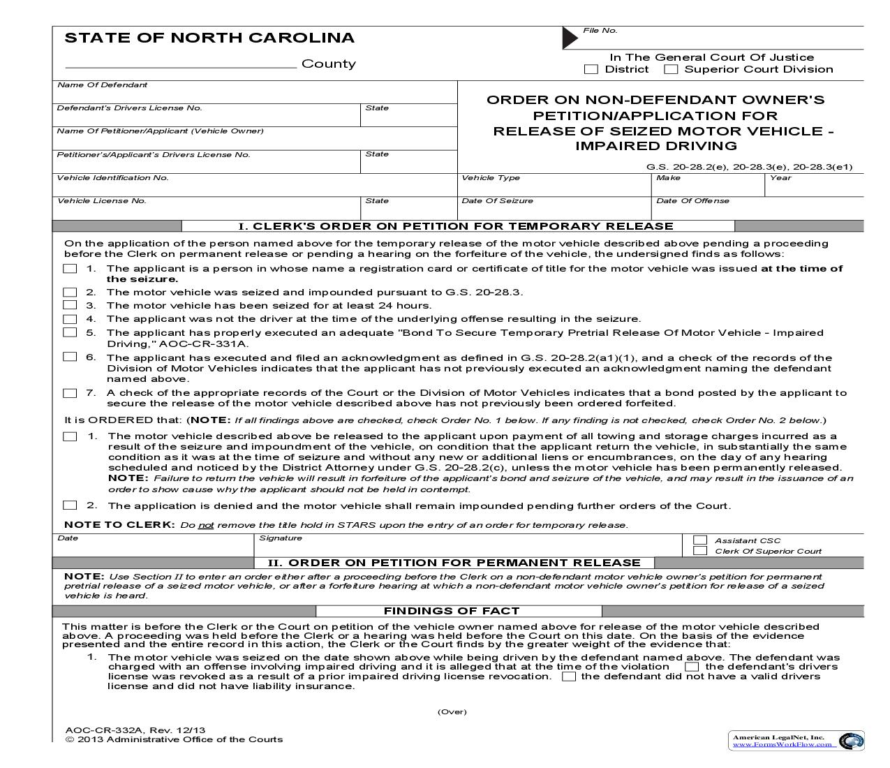 Order Of Non Defendant Owners Petition Application For Release Of Seized Motor Vehicle Impaired Driving {CR-332A} | Pdf Fpdf Doc Docx | North Carolina