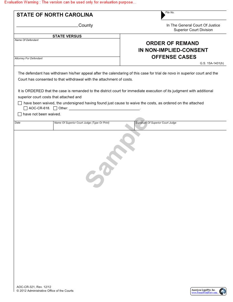 Order Of Remand In Non-Implied-Consent Offense Cases {CR-321} |  | North Carolina