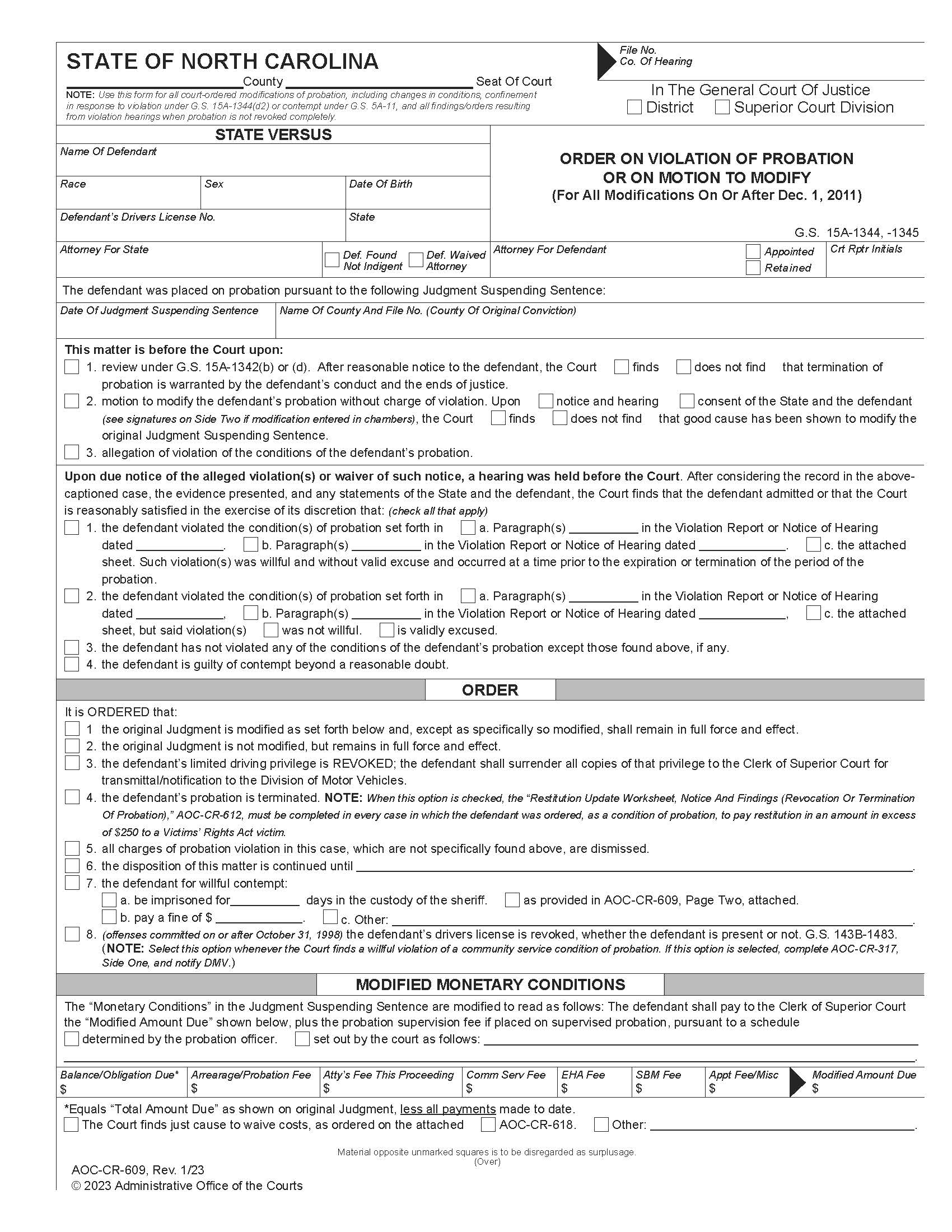 Order On Violation Of Probation Or On Motion To Modify (After Dec. 1, 2011) {CR-609} | Pdf Fpdf Docx | North Carolina