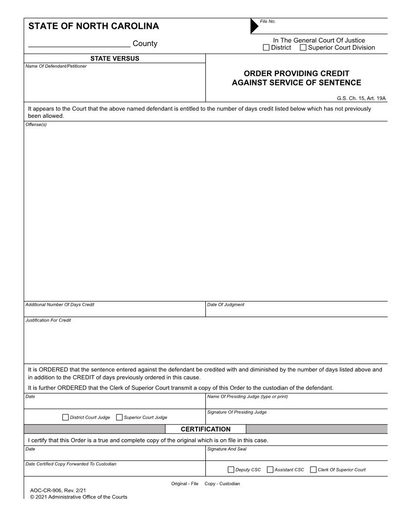 Order Providing Credit Against Service Of Sentence {CR-906M} | Pdf Fpdf Doc Docx | North Carolina