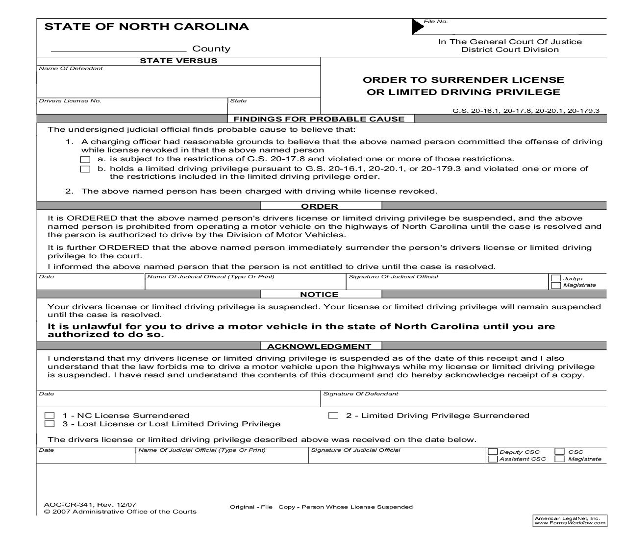 Order To Surrender License Or Limited Driving Privilege {CR-341} | Pdf Fpdf Doc Docx | North Carolina