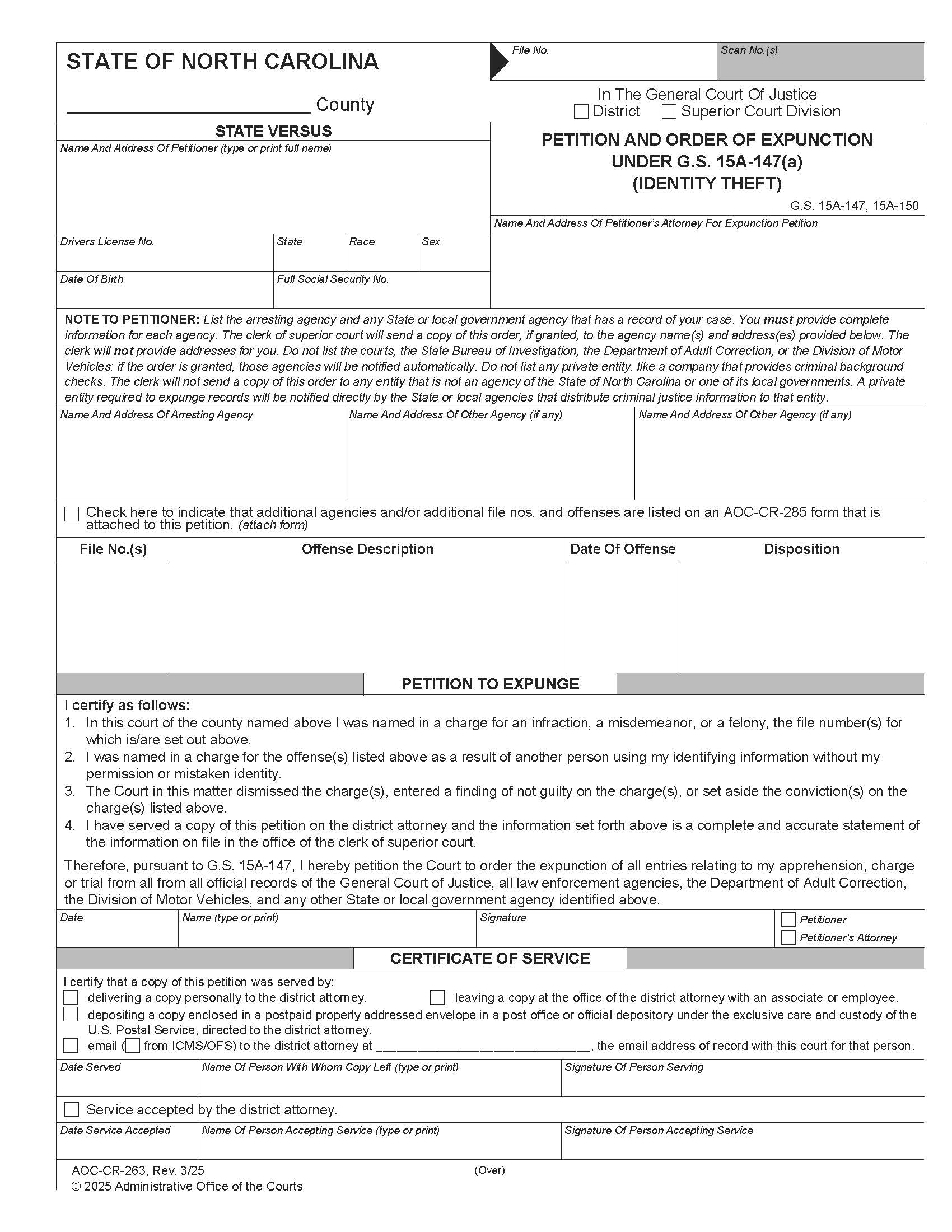 Petition And Order Of Expunction Identity Theft {CR-263} | Pdf Fpdf Docx | North Carolina