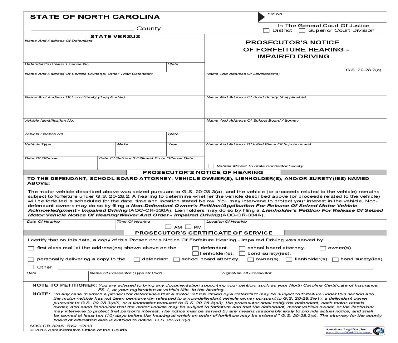 Prosecutors Notice Of Forfeiture Hearing Impaired Driving {CR-324A} | Pdf Fpdf Doc Docx | North Carolina