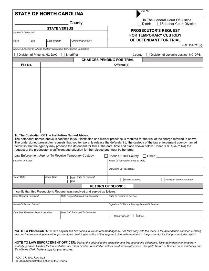 Prosecutors Request For Temporary Custody Of Defendant For Trial {CR-900} | Pdf Fpdf Docx | North Carolina