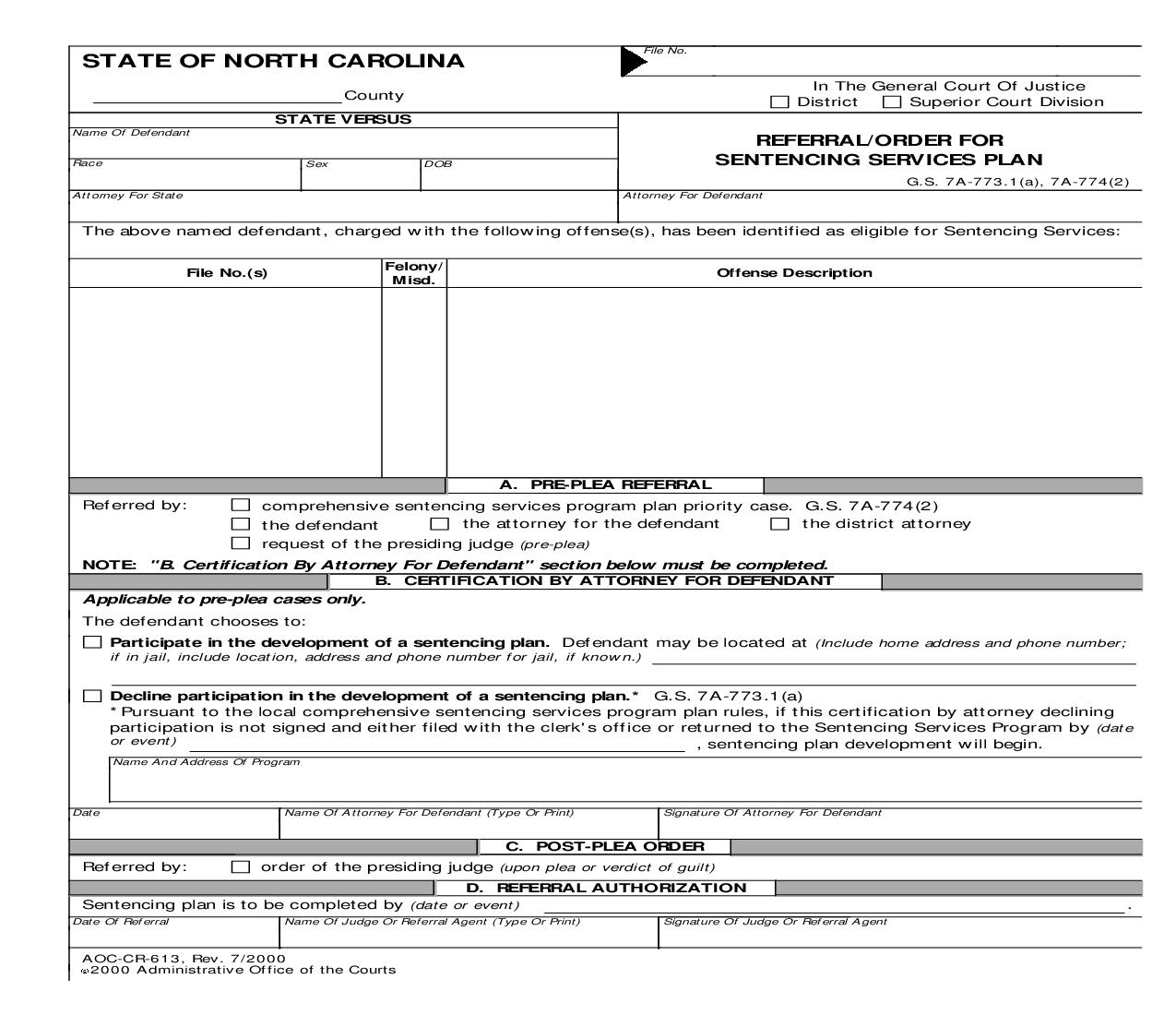 Referral Order For Sentencing Service Plan {CR-613} | Pdf Fpdf Doc Docx | North Carolina
