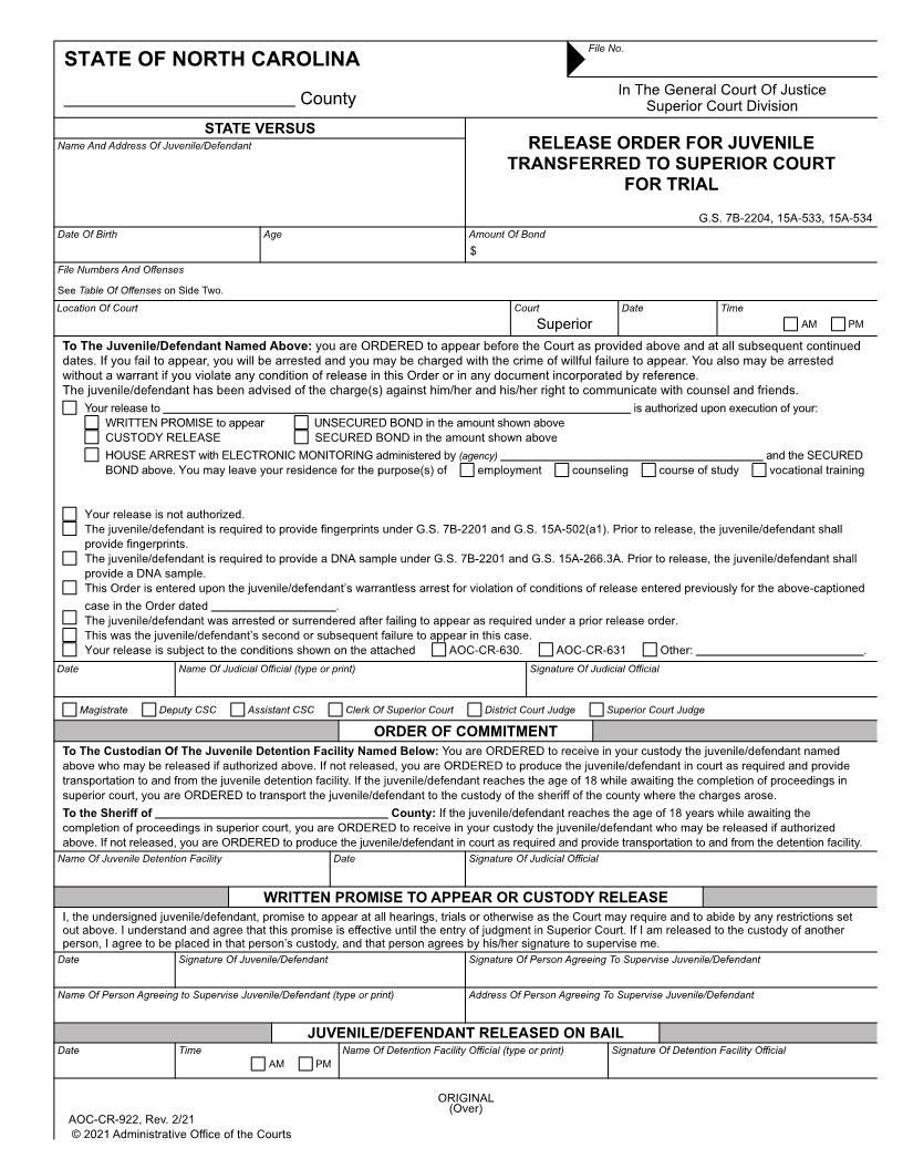 Release Order For Juvenile {CR-922} | Pdf Fpdf Doc Docx | North Carolina