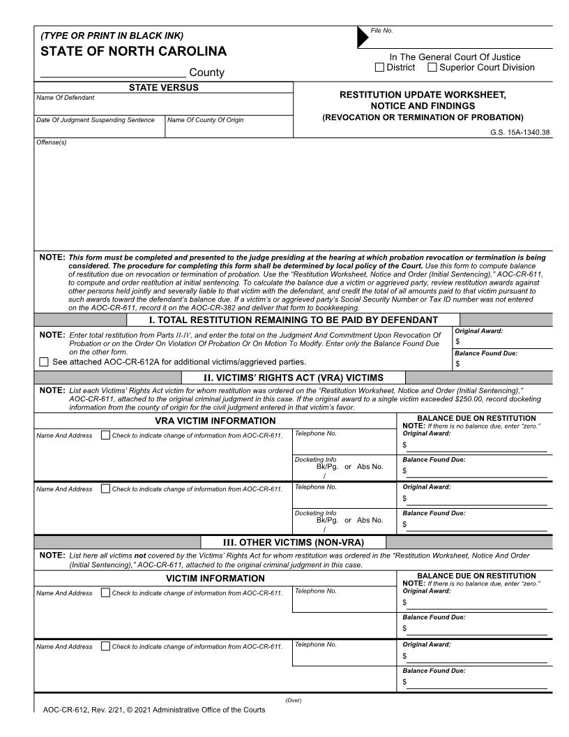 Restitution Update Worksheet Notice And Findings {CR-612} | Pdf Fpdf Doc Docx | North Carolina