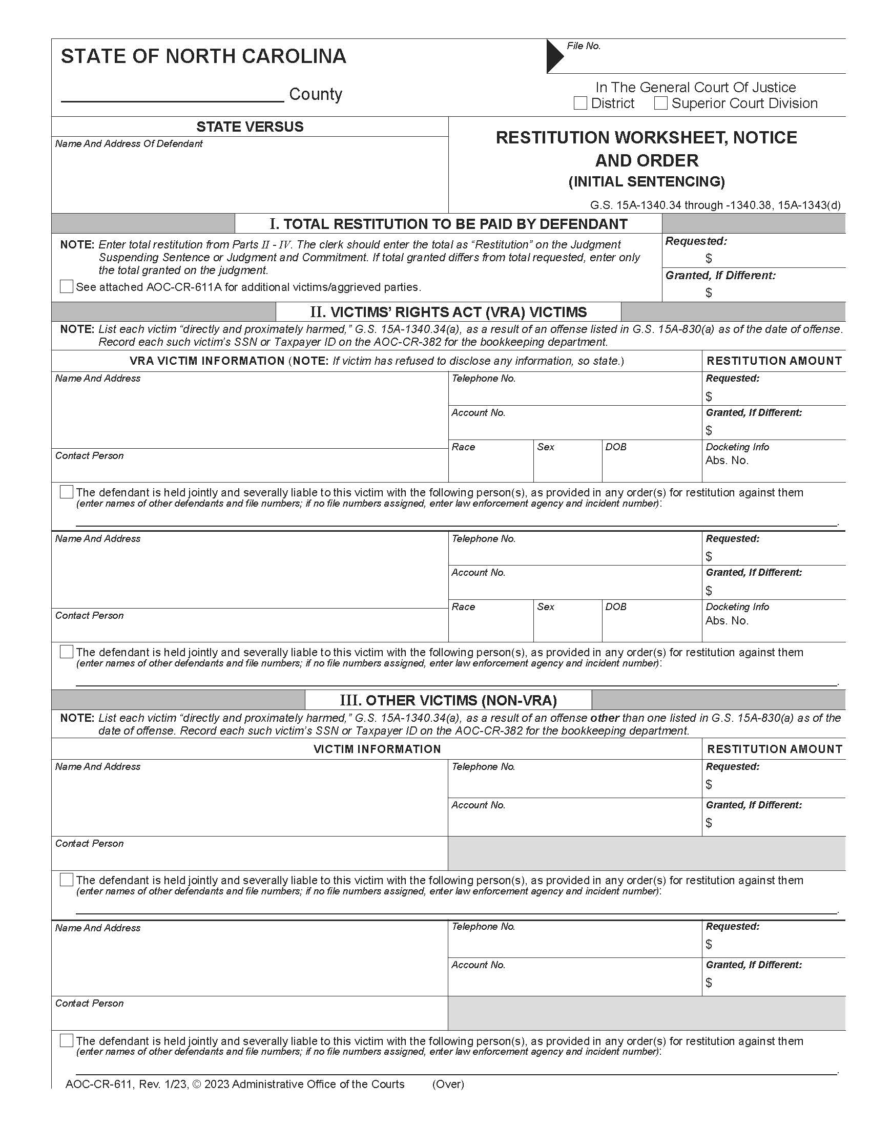 Restitution Worksheet Notice And Order {CR-611} | Pdf Fpdf Docx | North Carolina