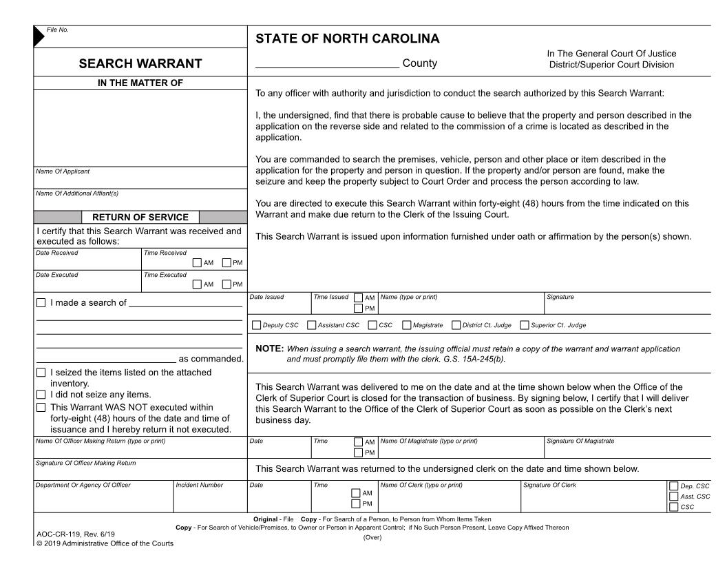 Search Warrant {CR-119} | Pdf Fpdf Doc Docx | North Carolina