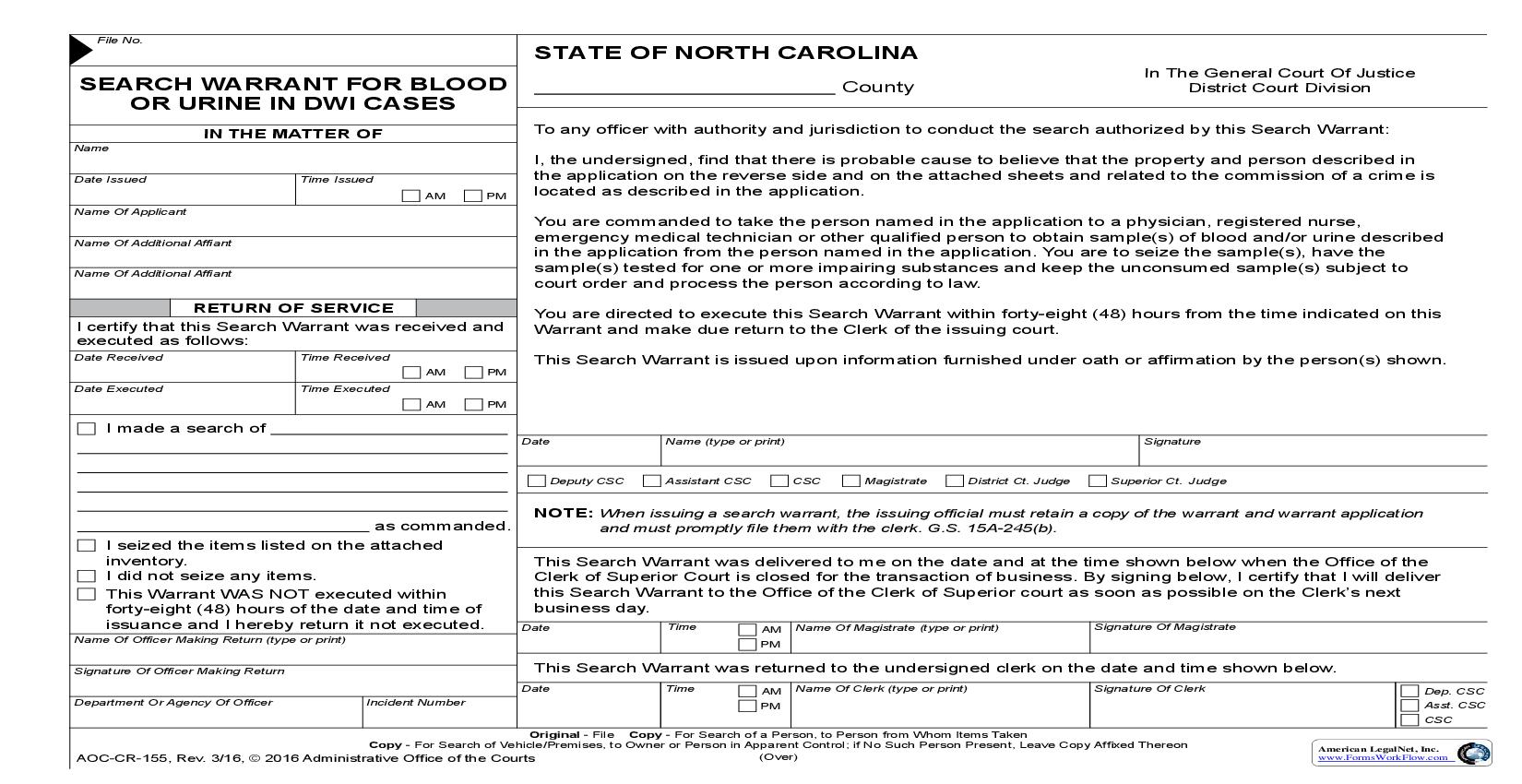 Search Warrant For Blood Or Urine DWI Cases {CR-155} | Pdf Fpdf Doc Docx | North Carolina