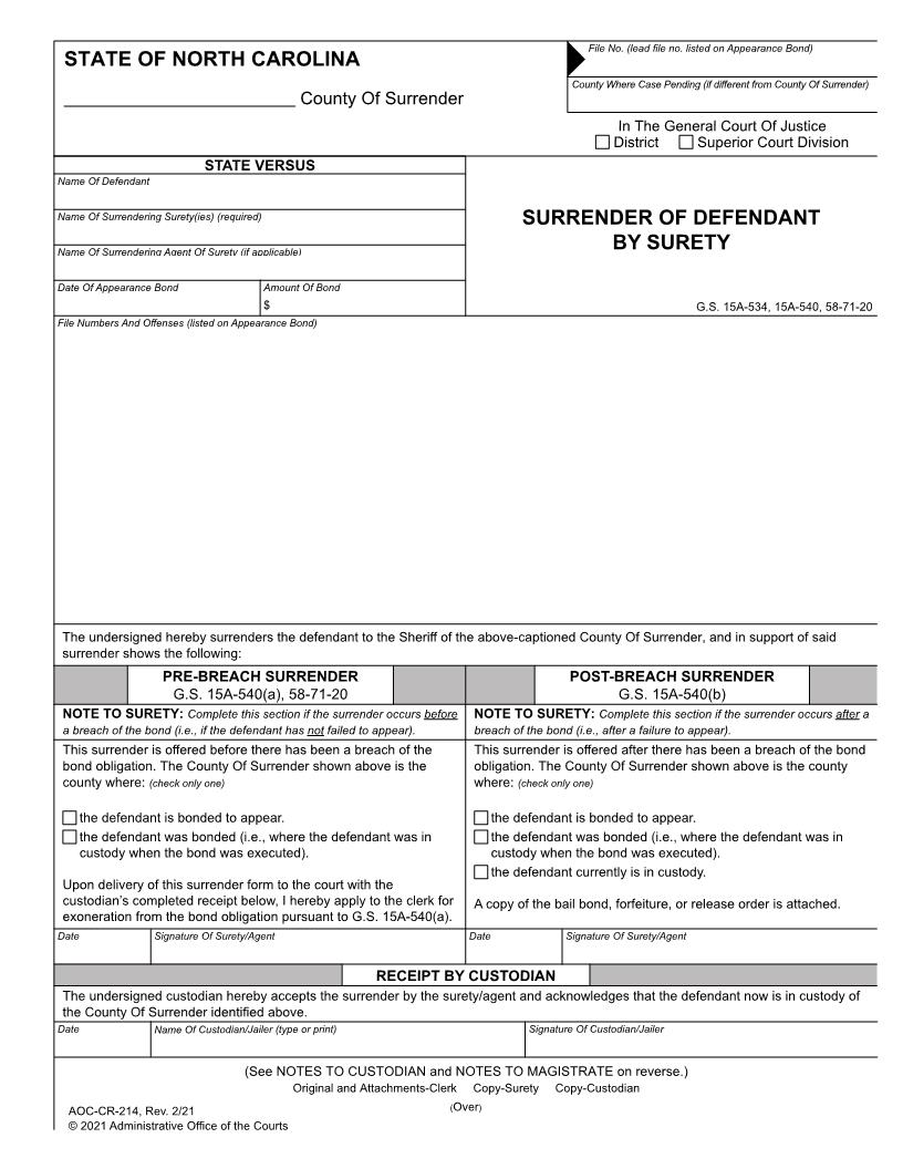 Surrender Of Defendant By Surety {CR-214} | Pdf Fpdf Doc Docx | North Carolina
