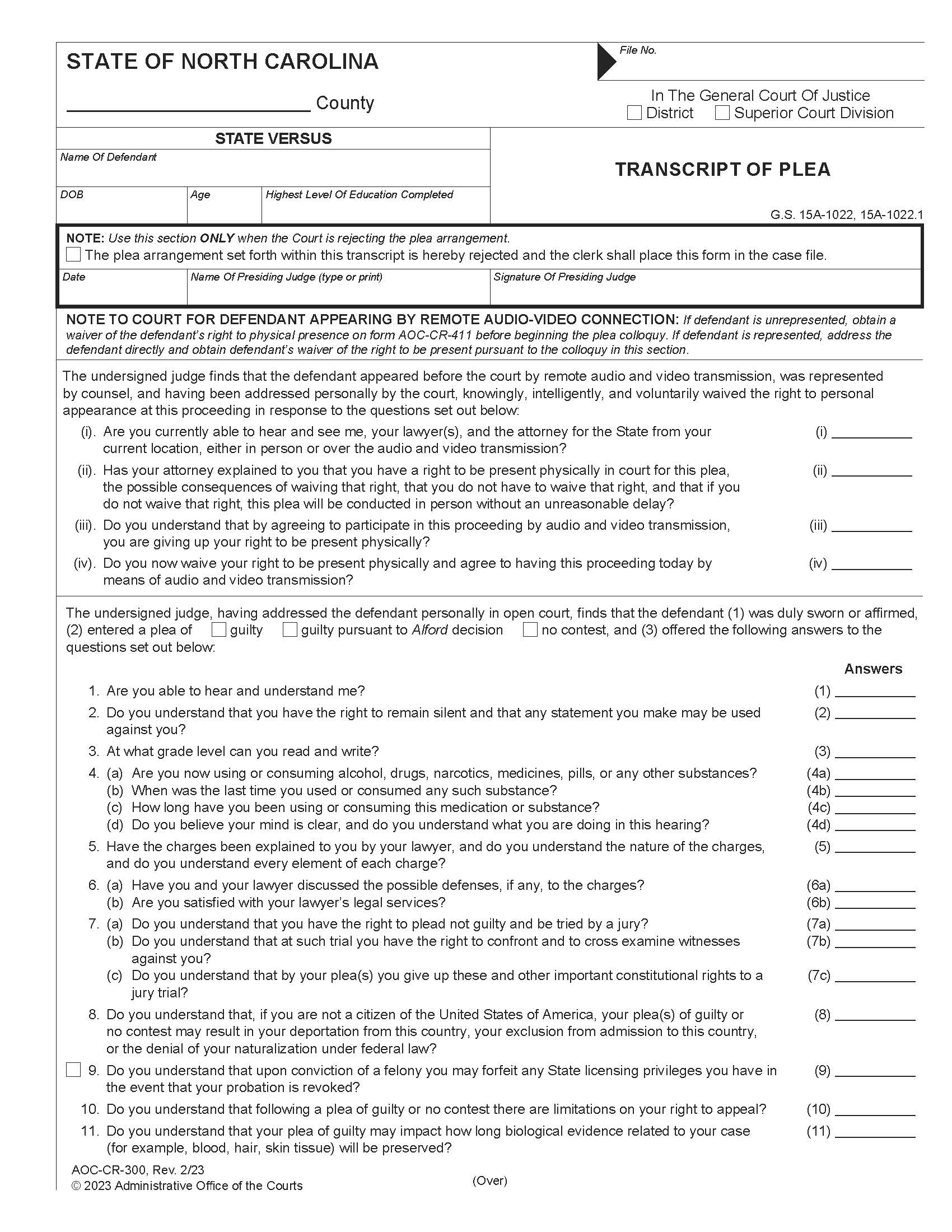 Transcript Of Plea {CR-300} | Pdf Fpdf Docx | North Carolina