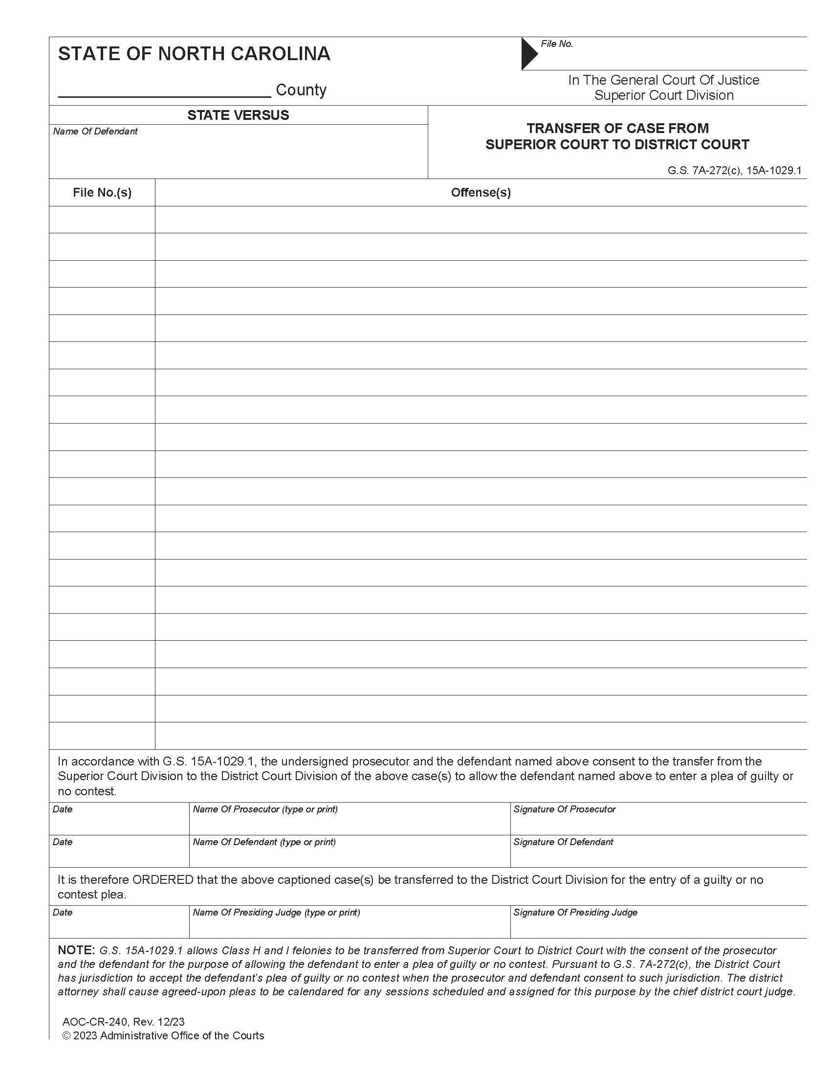 Transfer Of Case From Superior Court To District Court {CR-240} | Pdf Fpdf Doc Docx | North Carolina