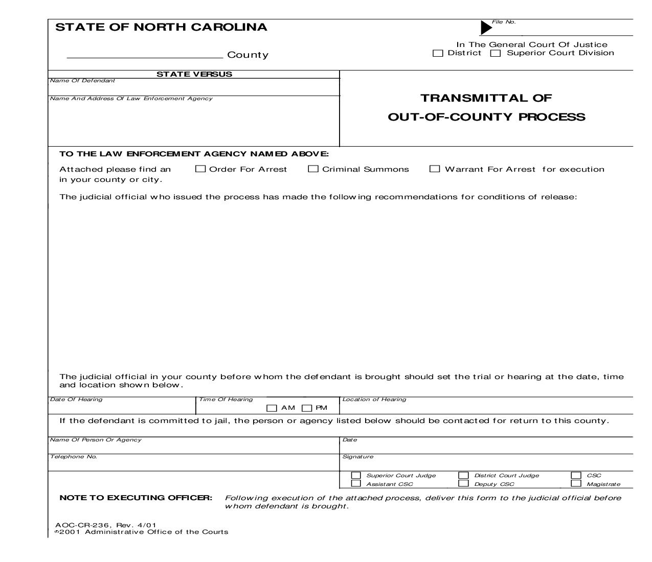 Transmittal Of Out-Of-County Process {CR-236} | Pdf Fpdf Doc Docx | North Carolina