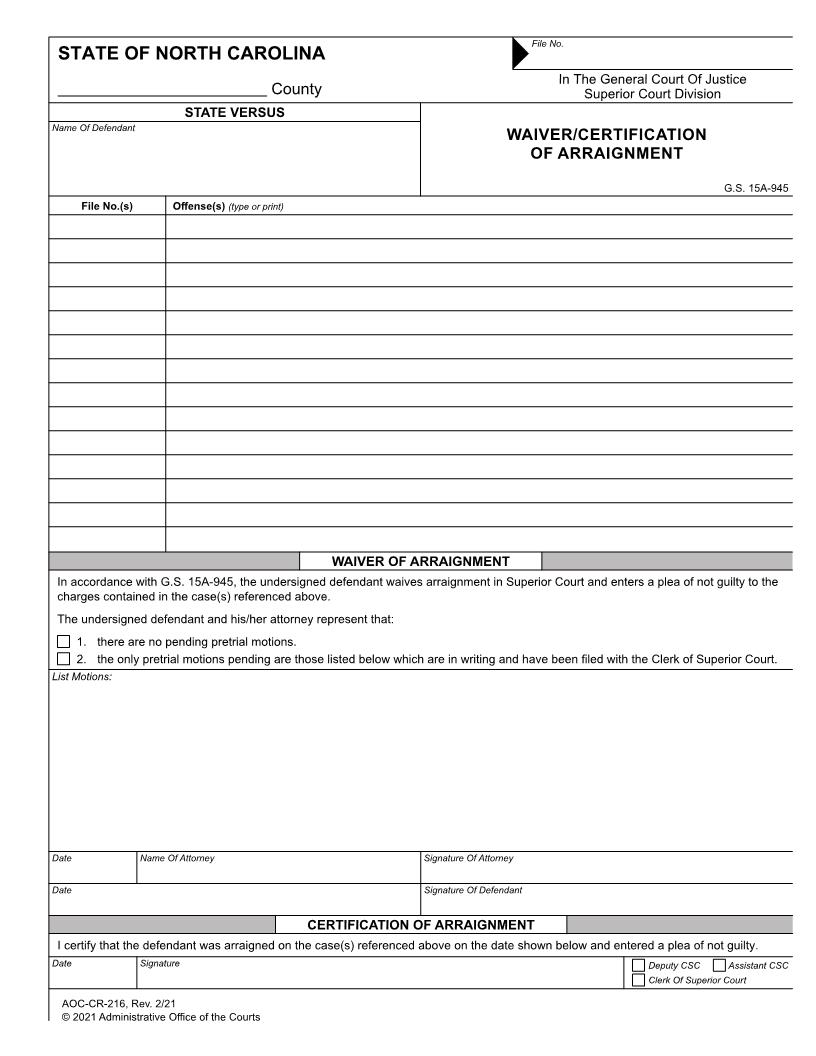 Waiver Certification Of Arraignment {CR-216} | Pdf Fpdf Doc Docx | North Carolina
